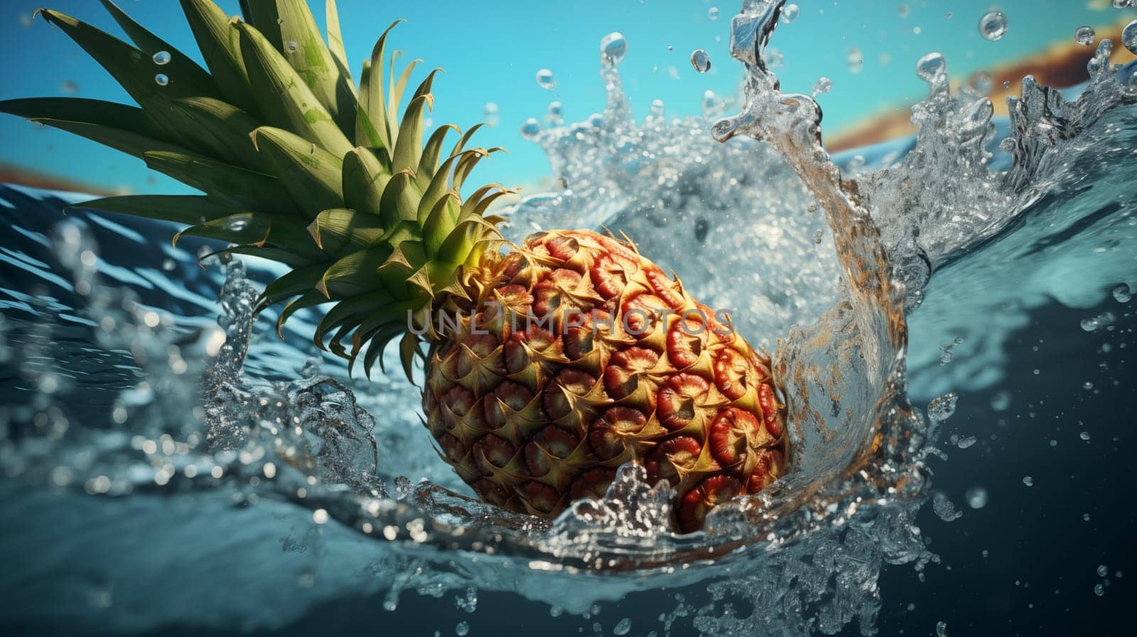 Fresh pineapple falls in blue water, with splashes and air bubbles by Zakharova