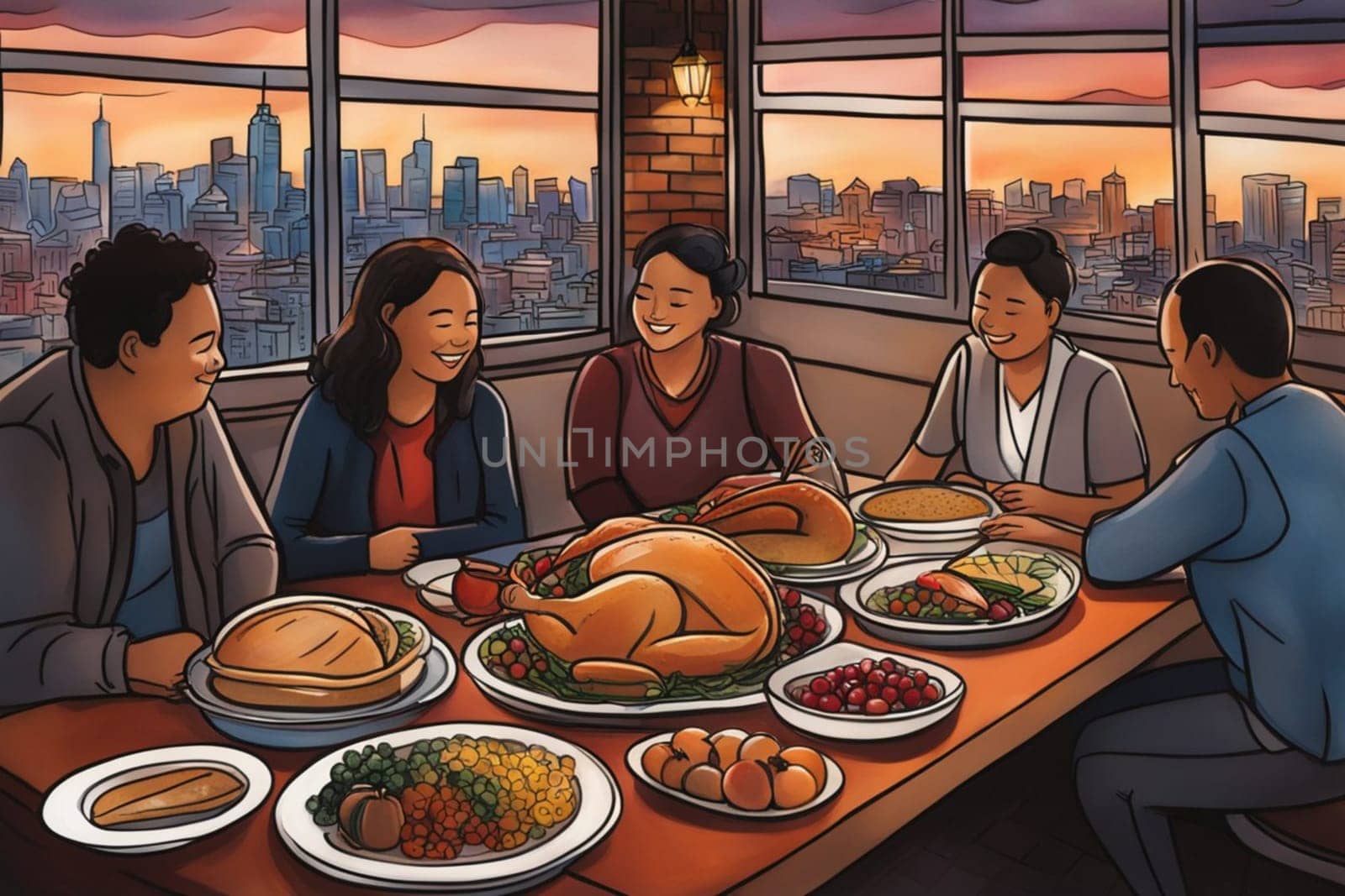 loving family enjoy thanksgiving lunch at the table illustration generative ai art