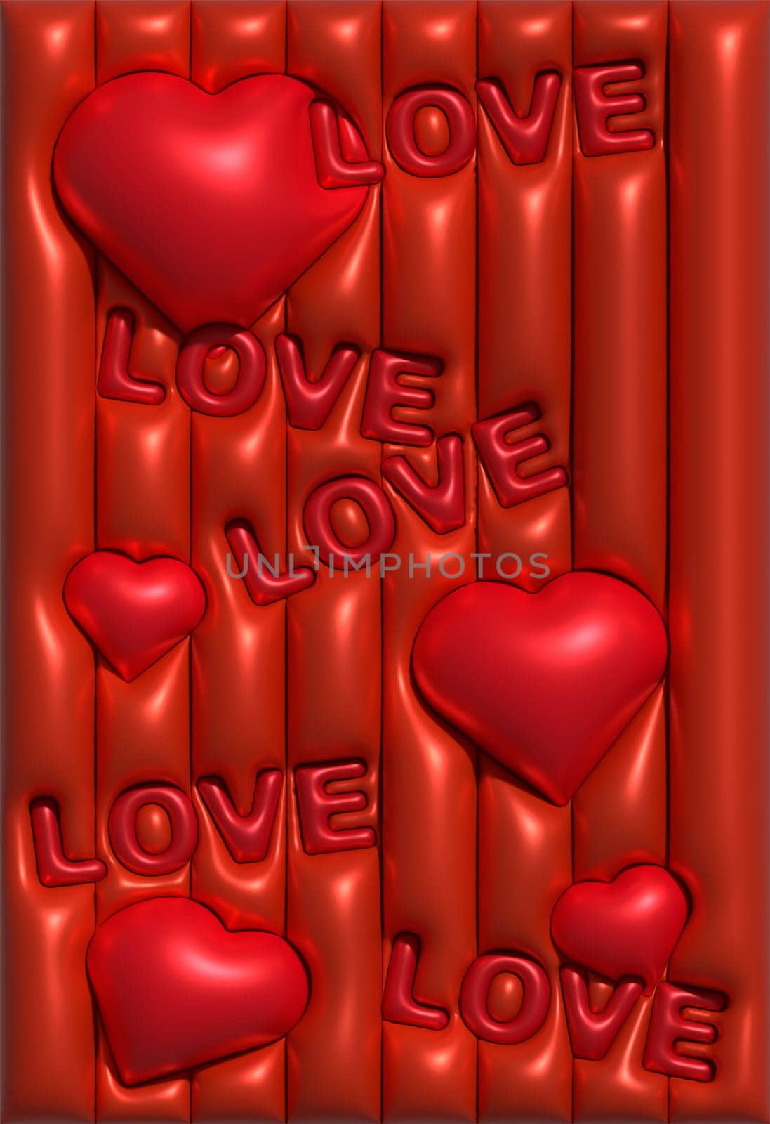 Red background with inflated hearts and the inscription love, 3D rendering illustration