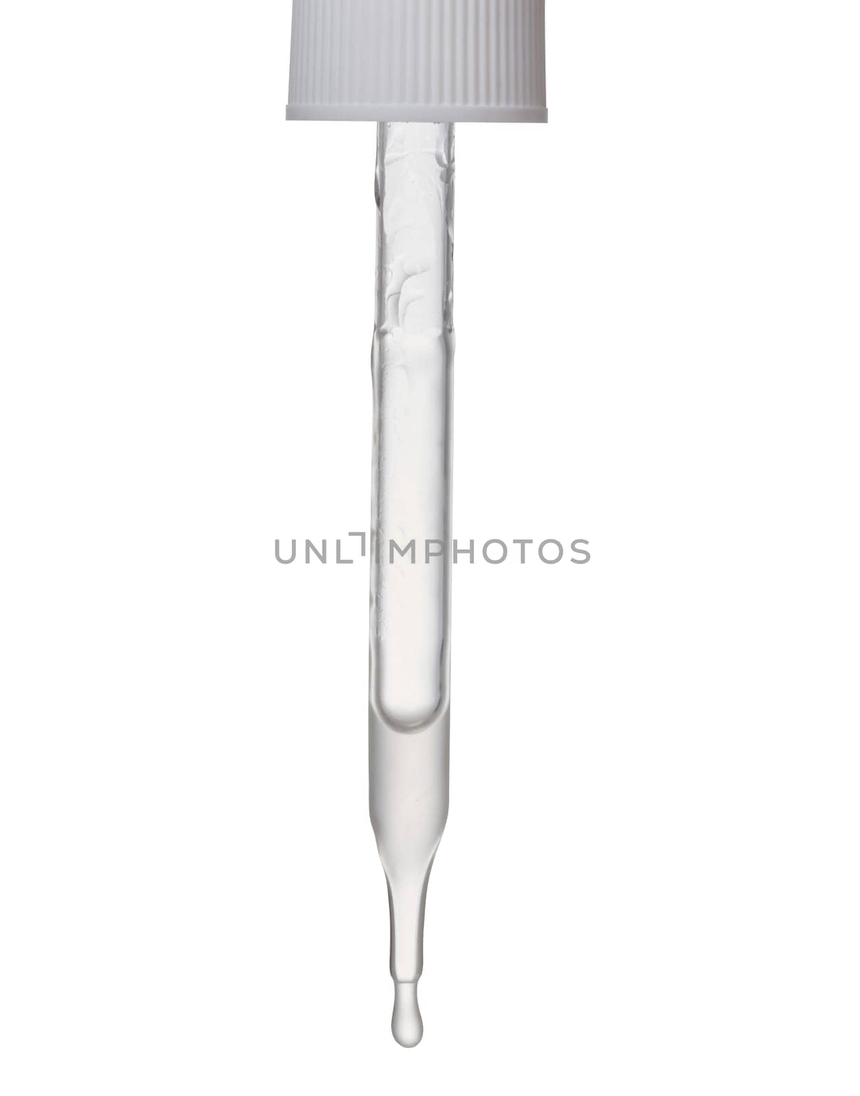 Transparent glass pipette with liquid and drop on isolated background by ndanko