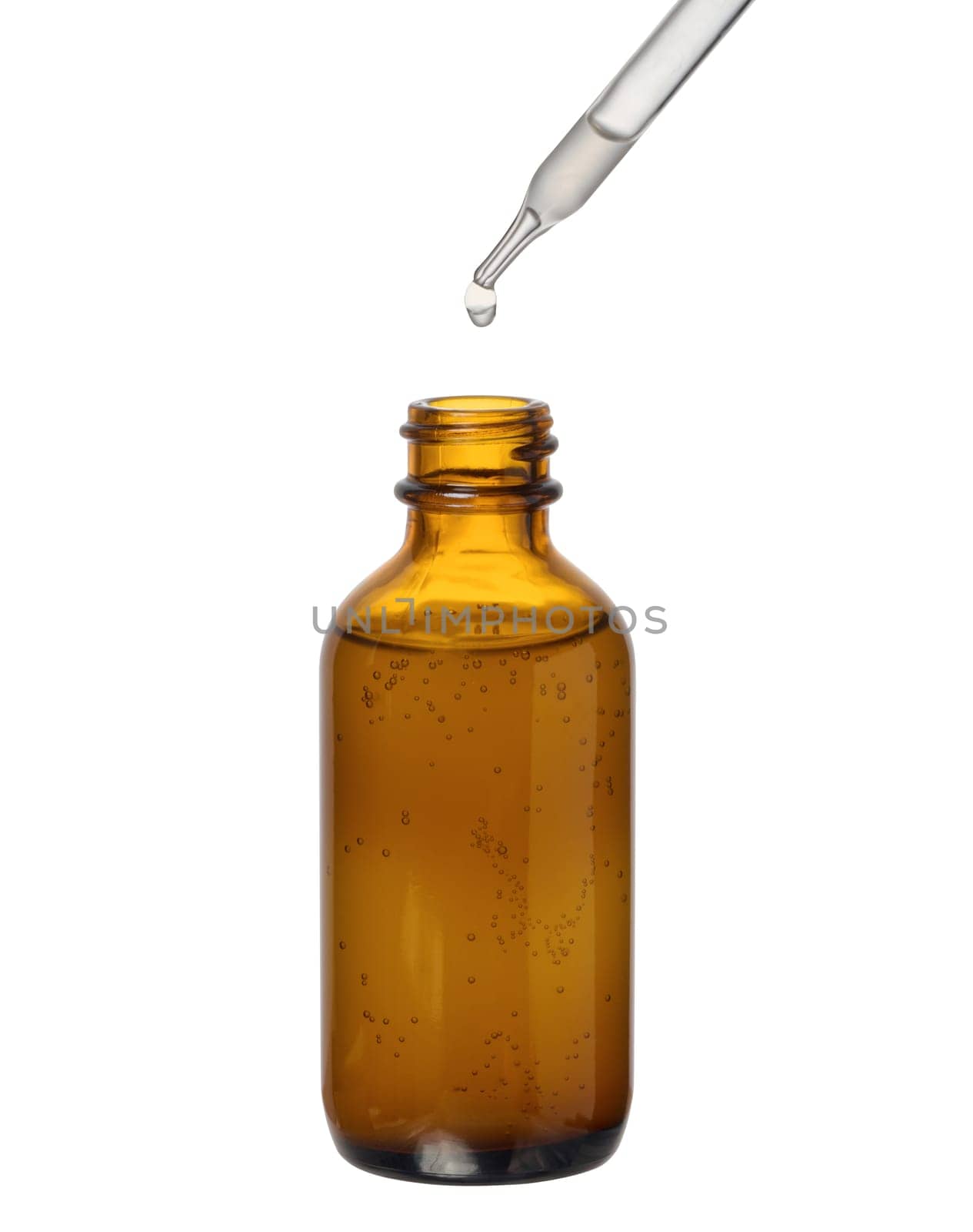 A glass brown bottle with a dropper on a white isolated background, a container for cosmetic products. 