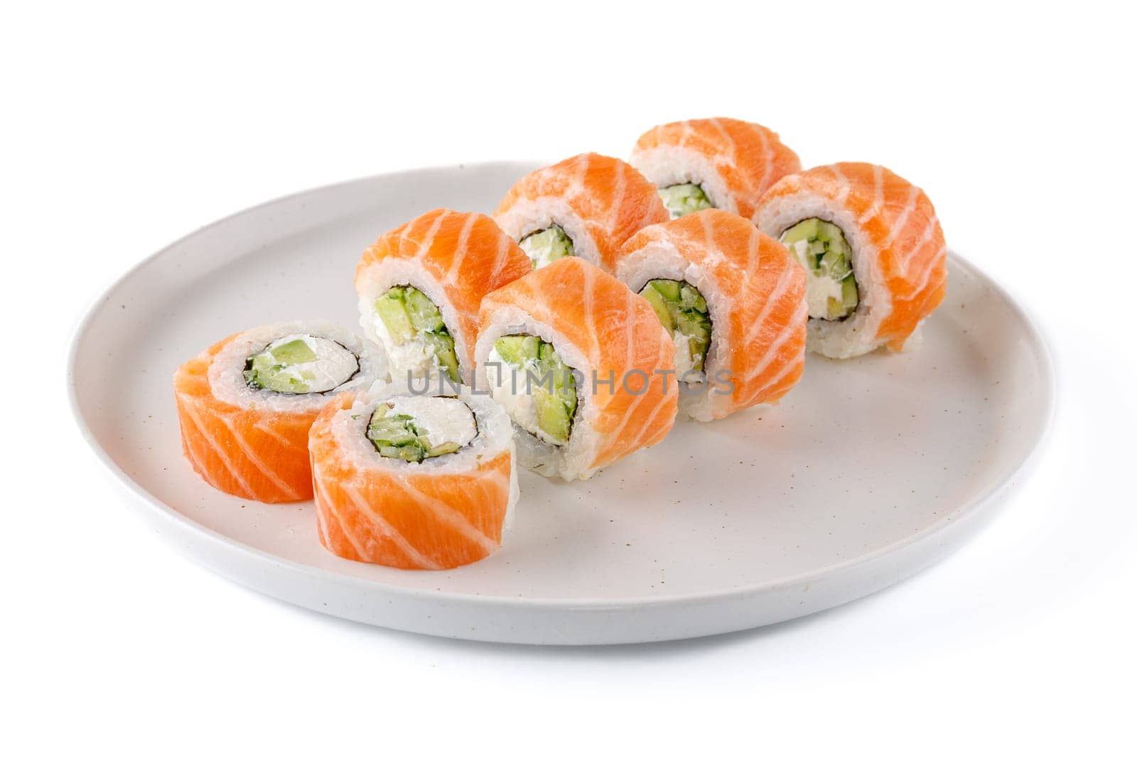 appetizing fresh rolls with salmon on a white background