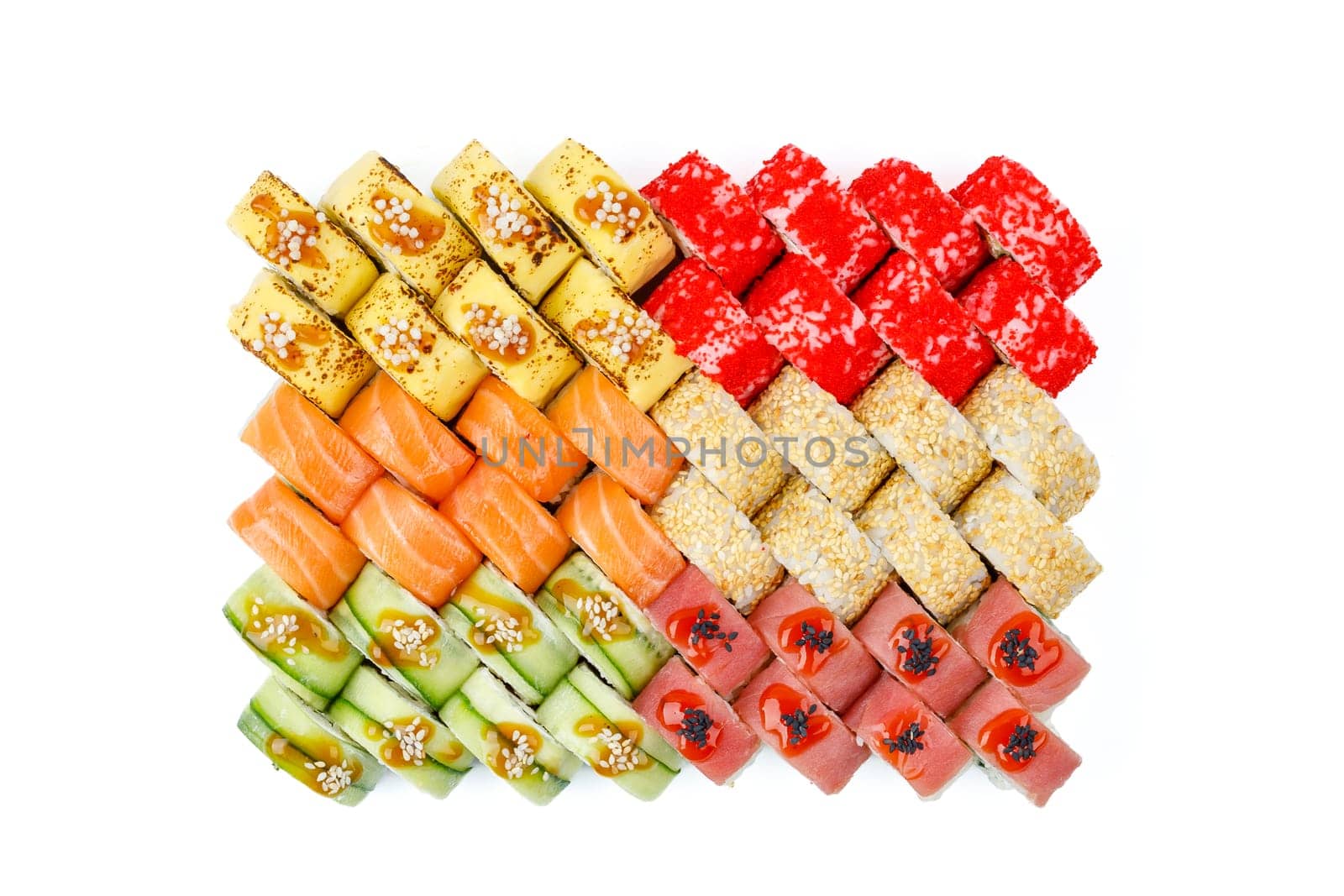 fresh appetizing large set of rolls on a white background for a food delivery site