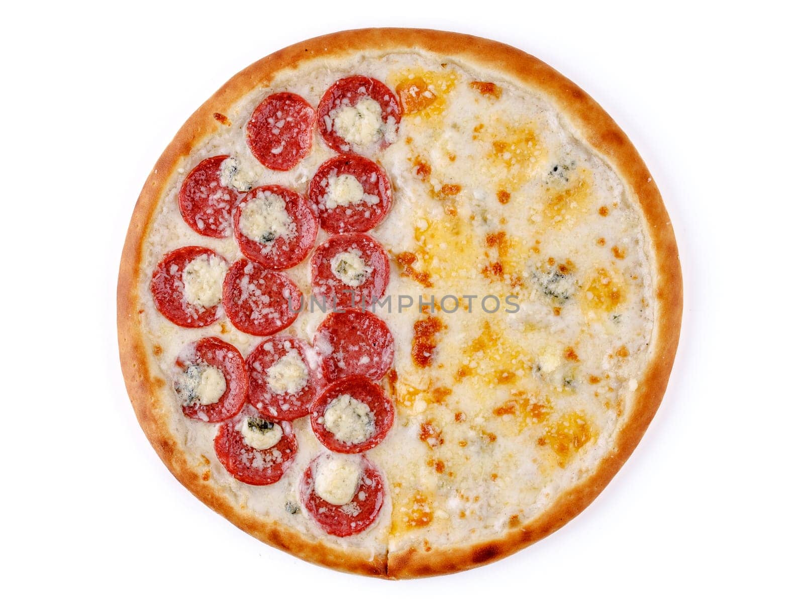 fresh appetizing pizza with sausage and cheese on a white background for food delivery website 1