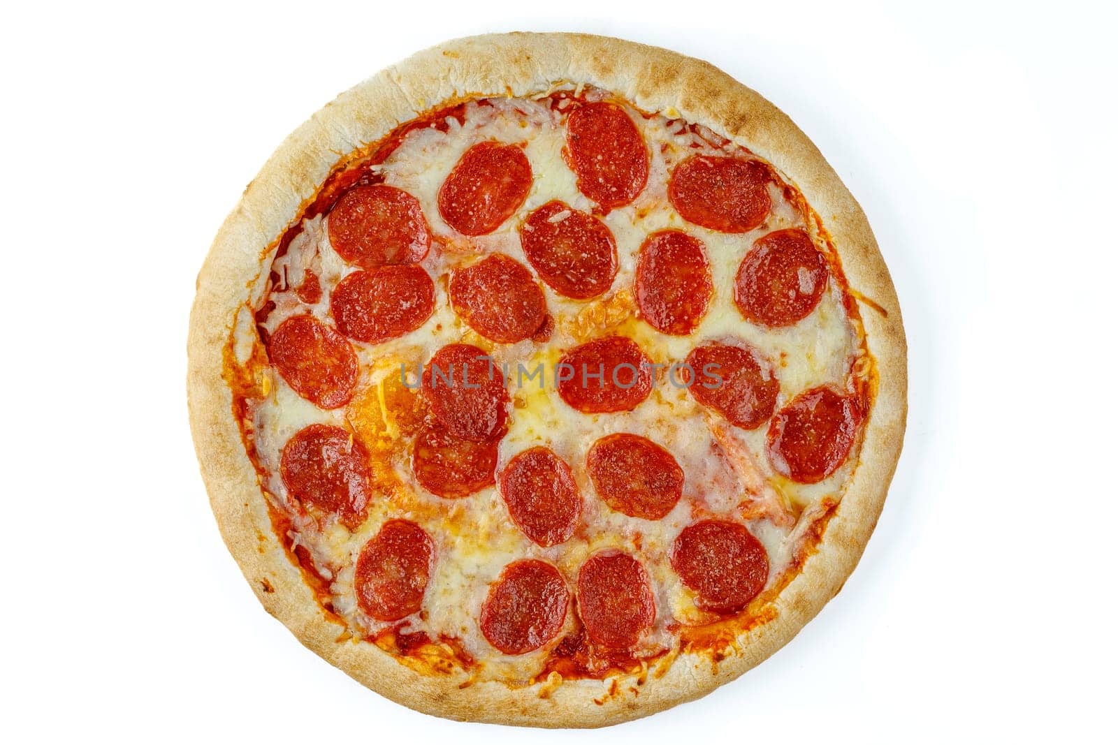 appetizing fresh pizza with sausage on a white background for food delivery site