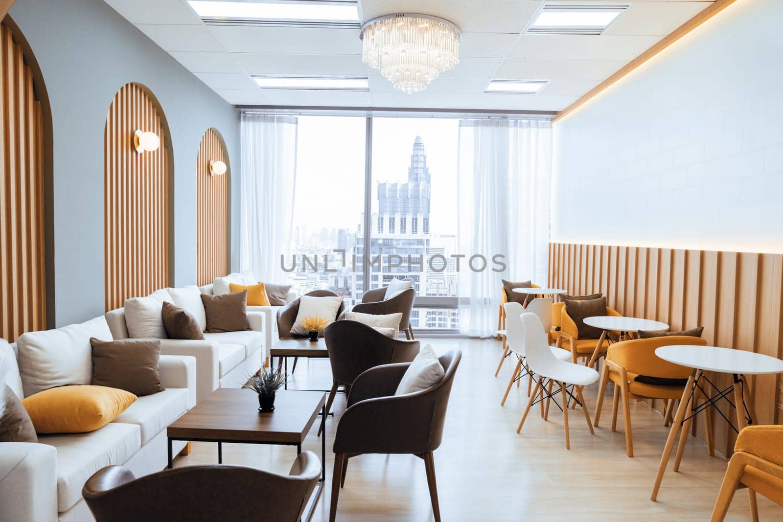 Empty stylish and modern office interior with skyscrapers view. Ornamented. by biancoblue