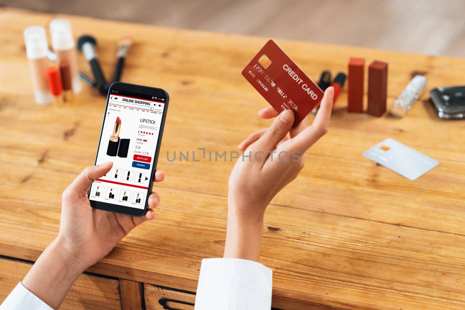 Woman shopping online on internet marketplace browsing for sale items for modern lifestyle and use credit card for online payment from wallet protected by uttermost cyber security software