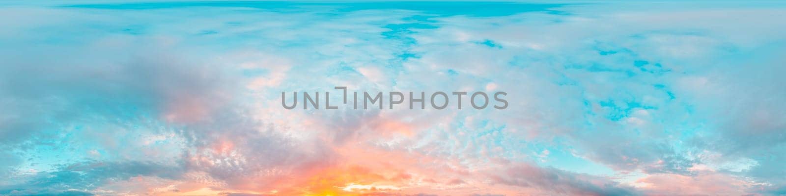 Sunset sky panorama with bright glowing pink Cirrus clouds. HDR 360 seamless spherical panorama. Full zenith or sky dome in 3D, sky replacement for aerial drone panoramas. Climate and weather change. by Matiunina