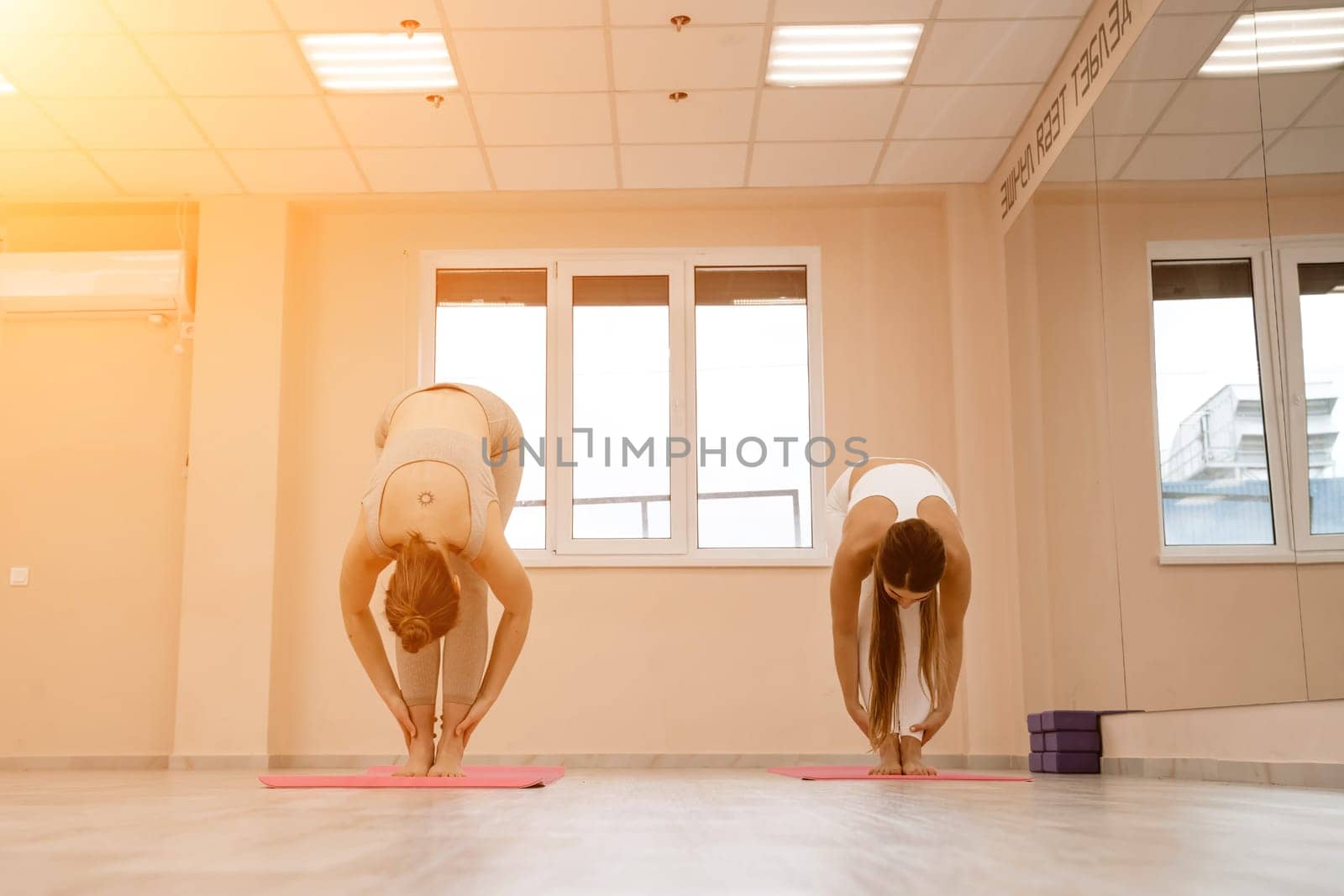 Two beautiful women do yoga, sports in the gym. The concept of grace and beauty of the body. by Matiunina