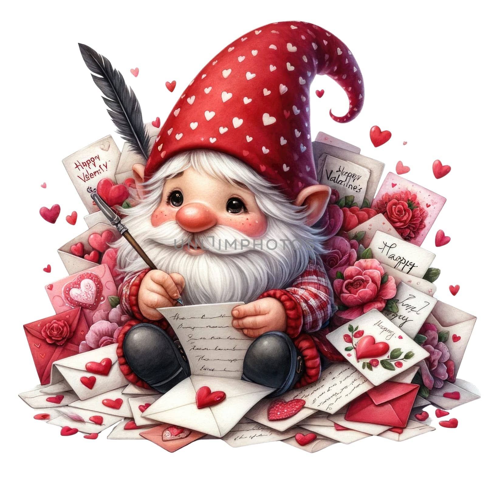 Valentines gnome, love Nordic gnome, Scandinavian gnomes, Watercolor cute valentines day postcard. Vellichor.