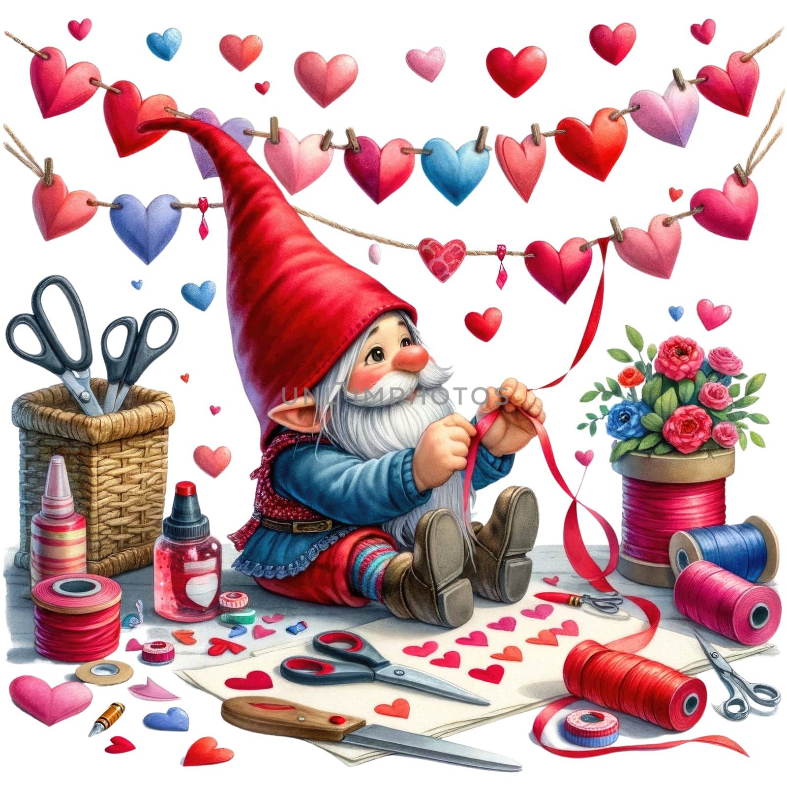 Valentines gnome, love Nordic gnome, Scandinavian gnomes, Watercolor cute valentines day postcard. Vellichor.