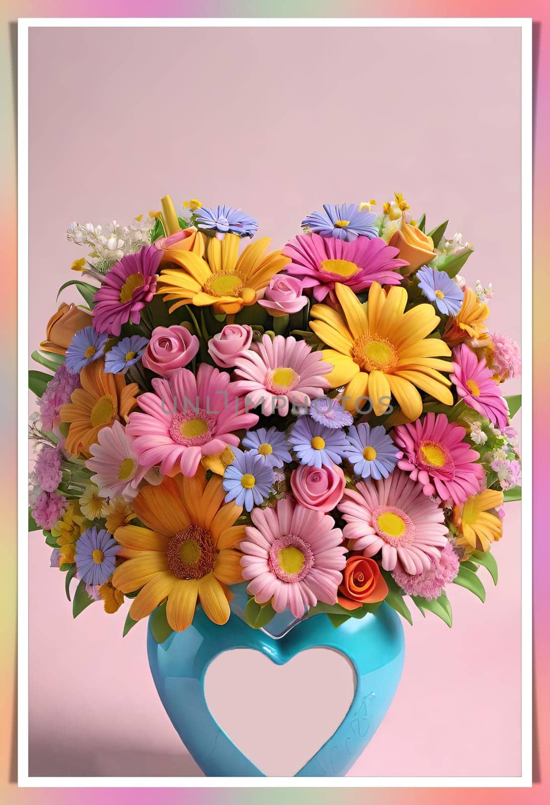 Colorful bouquet of flowers in a vase on background.Bouquet of colorful flowers in a vase with a heart.Bouquet of colorful flowers with a heart on a background.Bouquet of colorful flowers with heart shaped frame on background.Valentines day card.