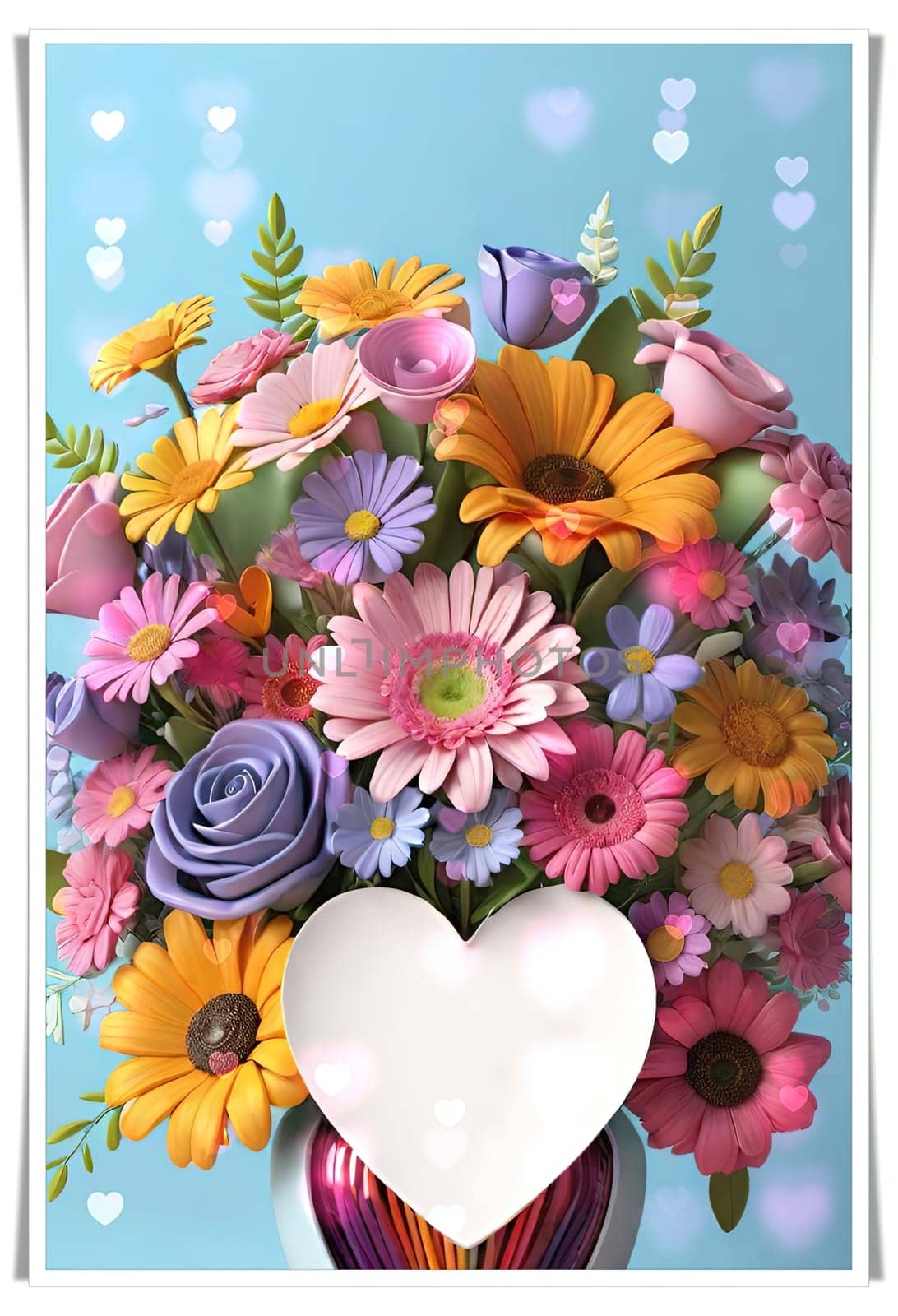 Colorful bouquet of flowers in a vase on background.Bouquet of colorful flowers in a vase with a heart.Bouquet of colorful flowers with a heart on a background.Bouquet of colorful flowers with heart shaped frame on background.Valentines day card.