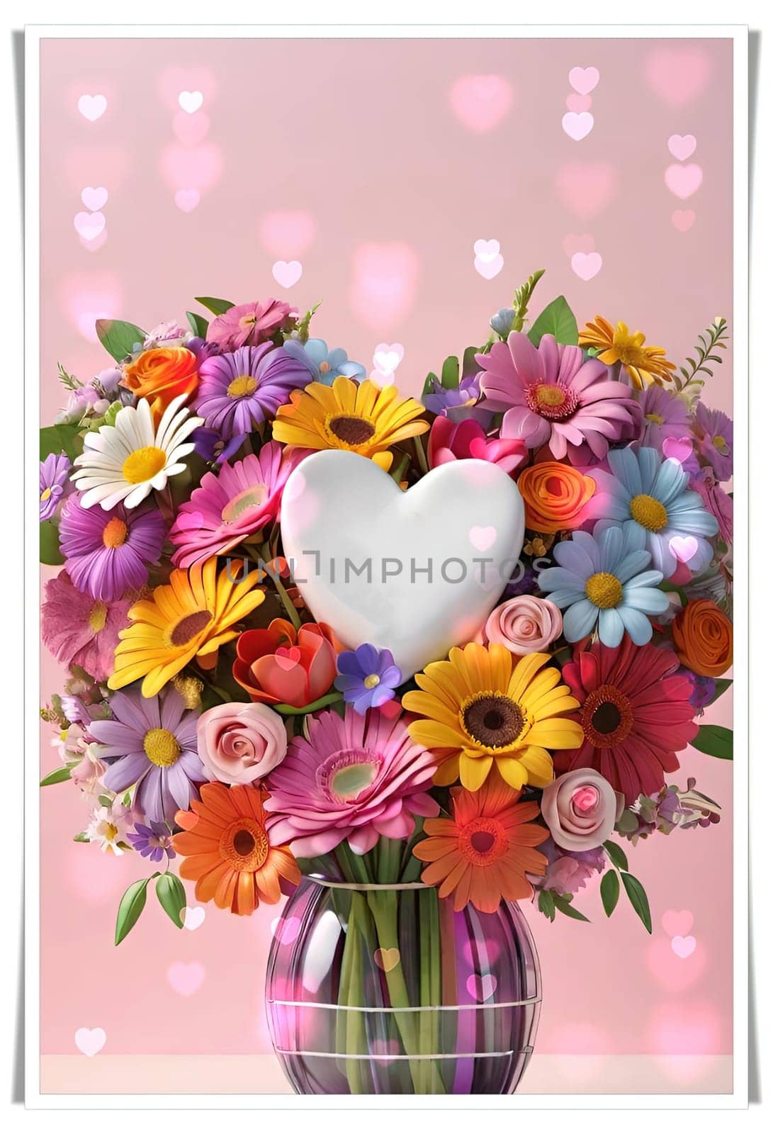 Colorful bouquet of flowers in a vase on background.Bouquet of colorful flowers in a vase with a heart.Bouquet of colorful flowers with a heart on a background.Bouquet of colorful flowers with heart shaped frame on background.Valentines day card.