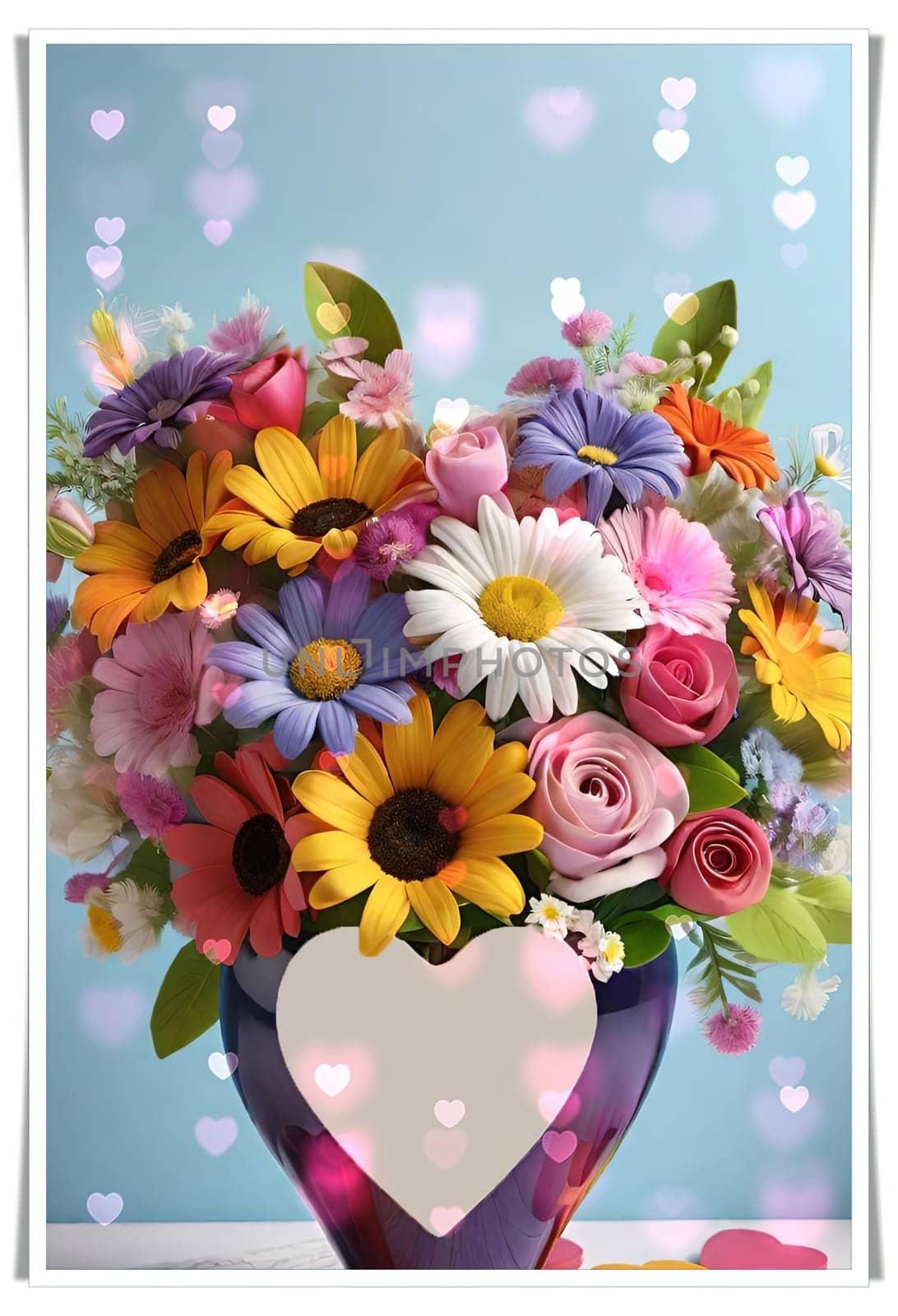 Colorful bouquet of flowers in a vase on background.Bouquet of colorful flowers in a vase with a heart.Bouquet of colorful flowers with a heart on a background.Bouquet of colorful flowers with heart shaped frame on background.Valentines day card.