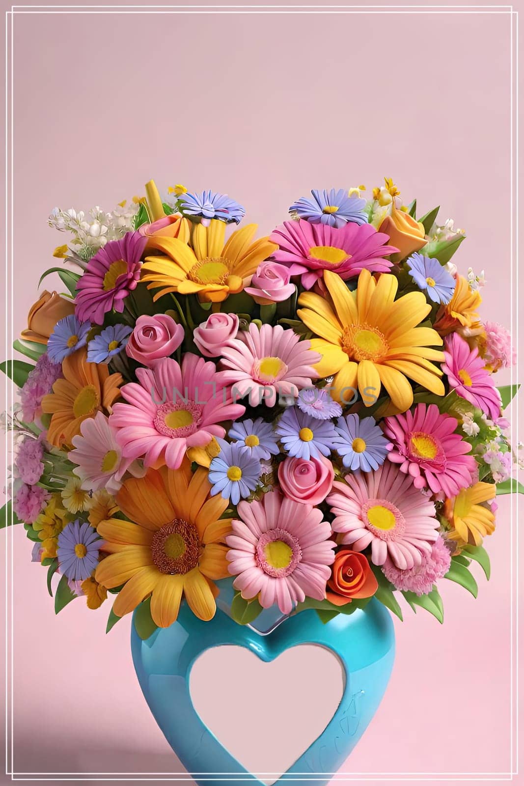 Bouquet of colorful flowers in a vase with a heart. by yilmazsavaskandag