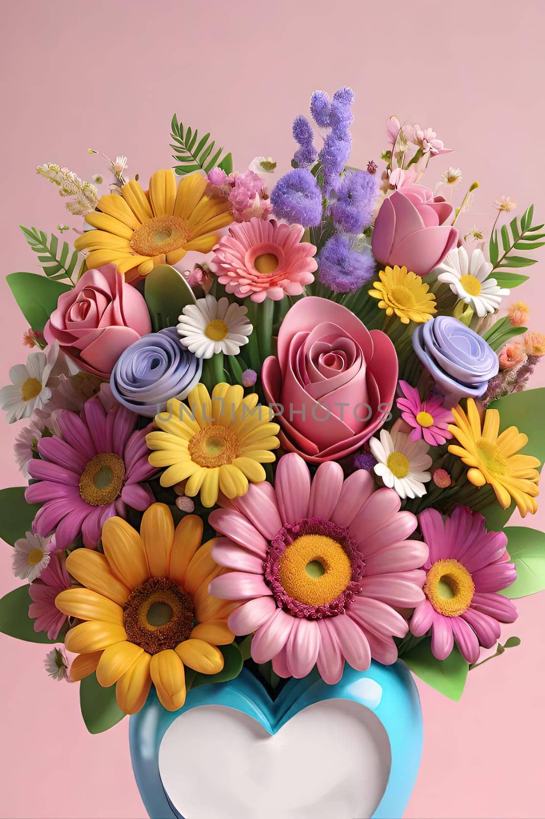 Colorful bouquet of flowers in a vase on background.Bouquet of colorful flowers in a vase with a heart.Bouquet of colorful flowers with a heart on a background.Bouquet of colorful flowers with heart shaped frame on background.Valentines day card.