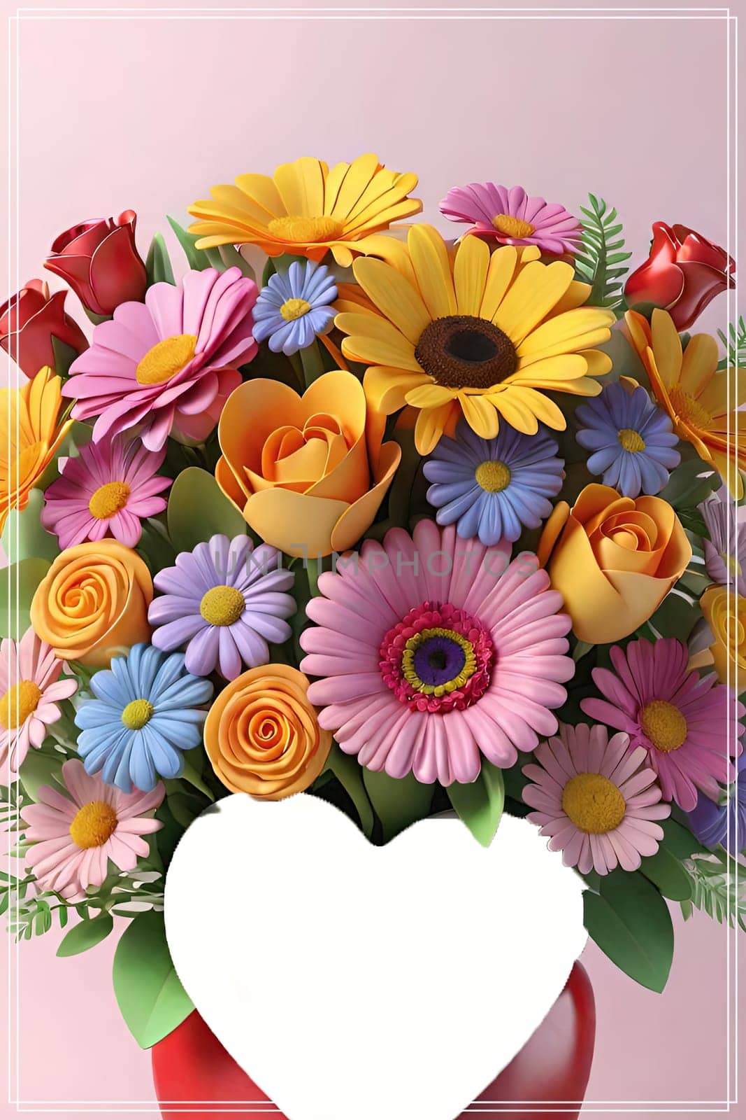 Colorful bouquet of flowers in a vase on background.Bouquet of colorful flowers in a vase with a heart.Bouquet of colorful flowers with a heart on a background.Bouquet of colorful flowers with heart shaped frame on background.Valentines day card.