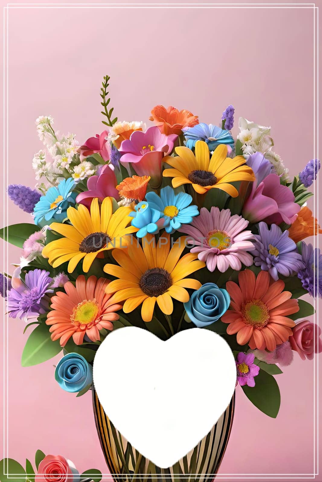 Colorful bouquet of flowers in a vase on background.Bouquet of colorful flowers in a vase with a heart.Bouquet of colorful flowers with a heart on a background.Bouquet of colorful flowers with heart shaped frame on background.Valentines day card.