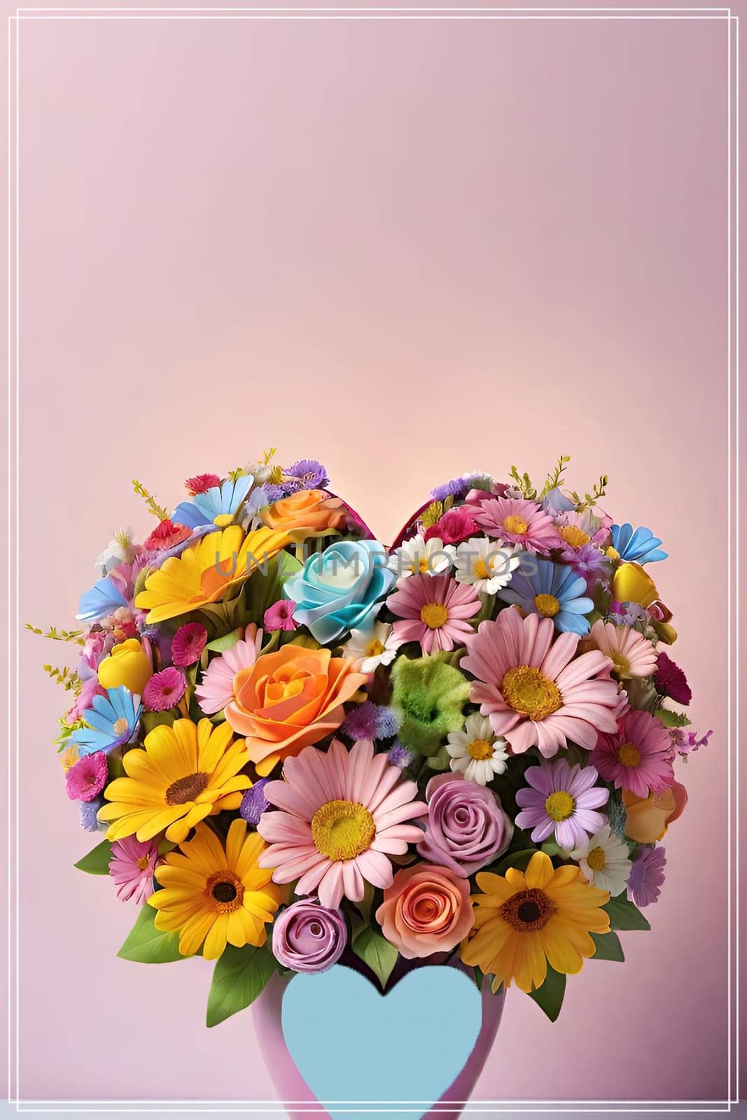 Colorful bouquet of flowers in a vase on background.Bouquet of colorful flowers in a vase with a heart.Bouquet of colorful flowers with a heart on a background.Bouquet of colorful flowers with heart shaped frame on background.Valentines day card.