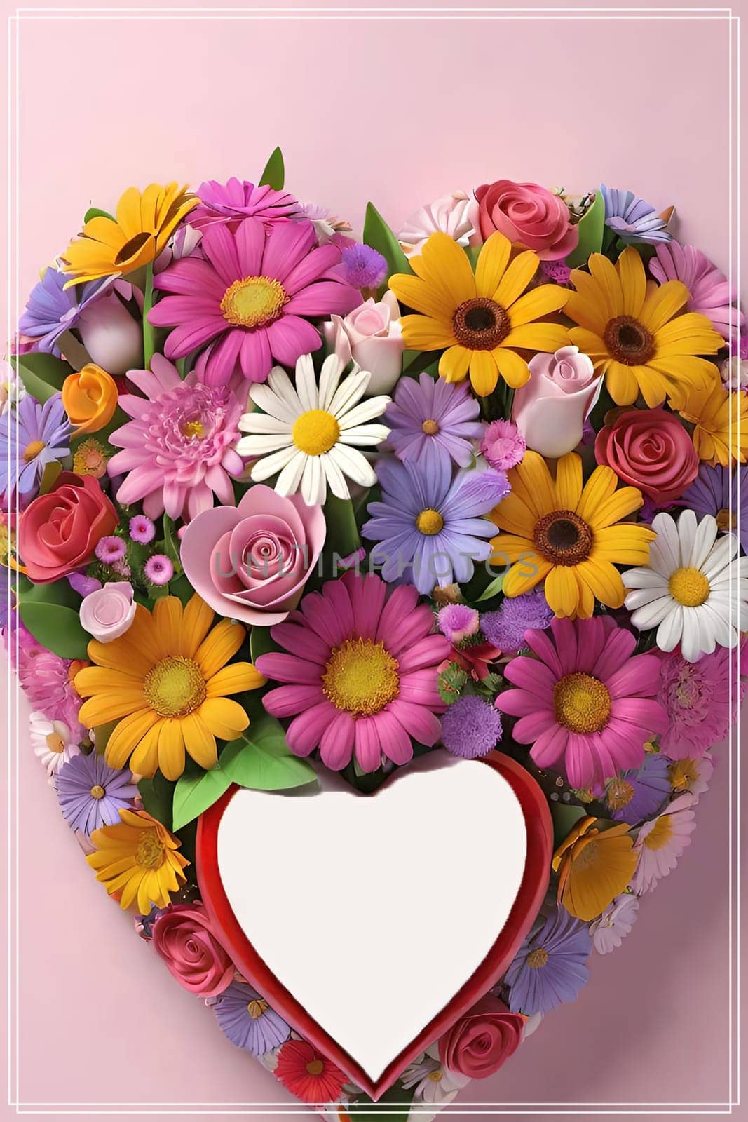 Colorful bouquet of flowers in a vase on background.Bouquet of colorful flowers in a vase with a heart.Bouquet of colorful flowers with a heart on a background.Bouquet of colorful flowers with heart shaped frame on background.Valentines day card.