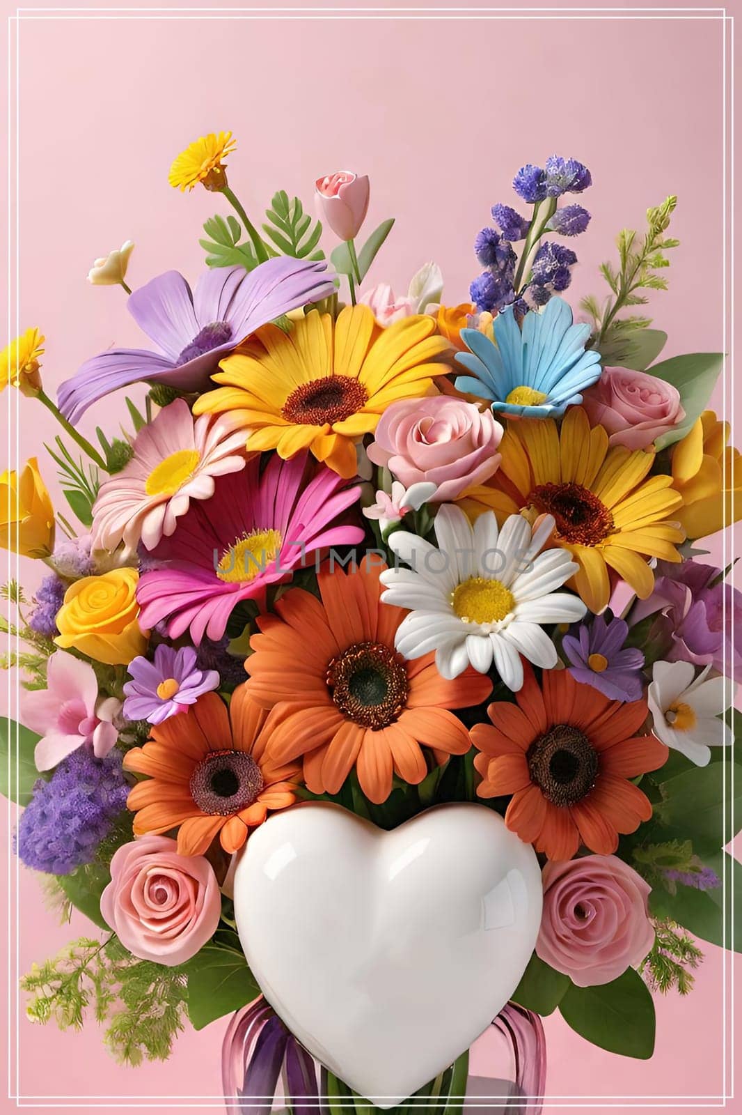 Colorful bouquet of flowers in a vase on background.Bouquet of colorful flowers in a vase with a heart.Bouquet of colorful flowers with a heart on a background.Bouquet of colorful flowers with heart shaped frame on background.Valentines day card.