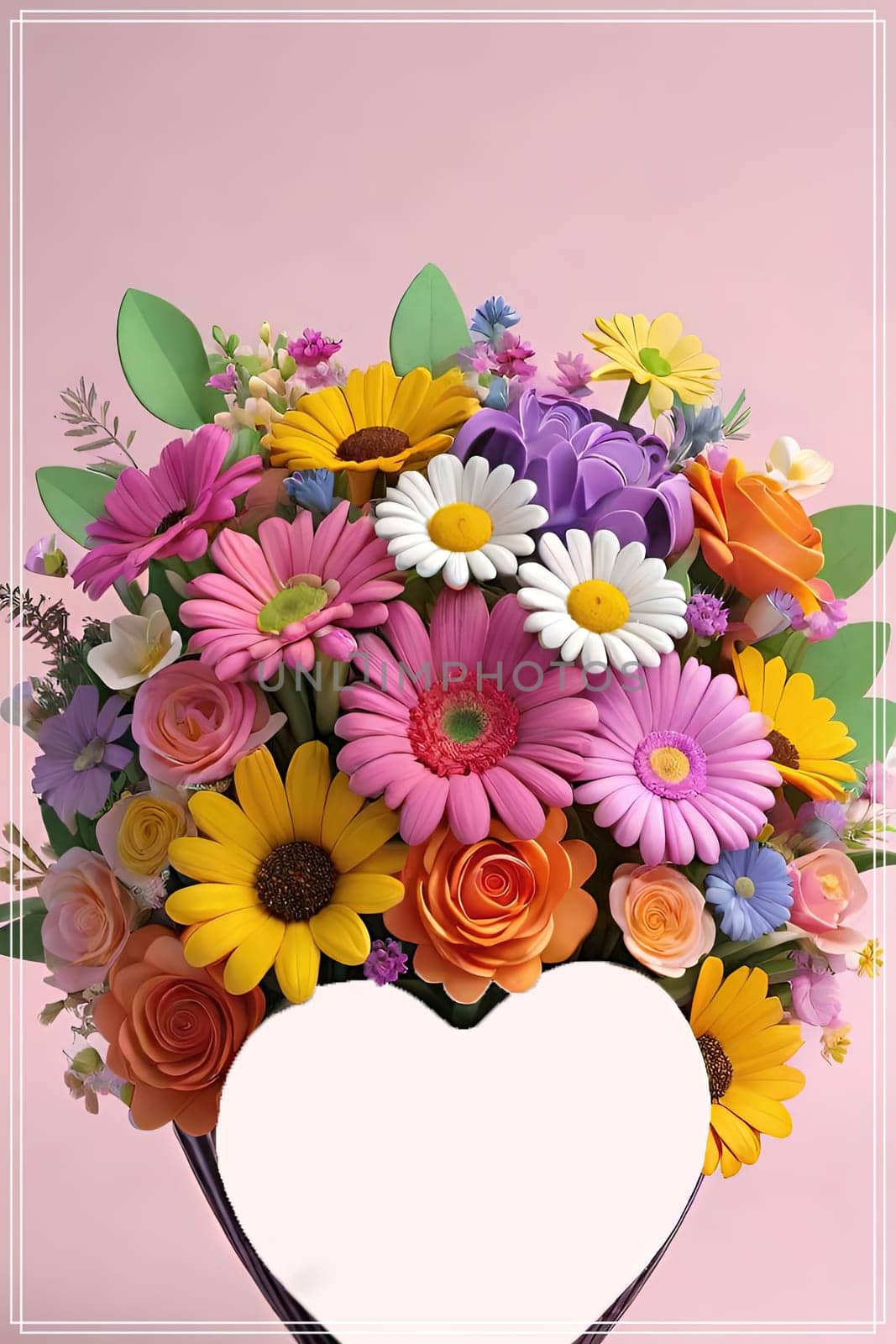 Colorful bouquet of flowers in a vase on background.Bouquet of colorful flowers in a vase with a heart.Bouquet of colorful flowers with a heart on a background.Bouquet of colorful flowers with heart shaped frame on background.Valentines day card.