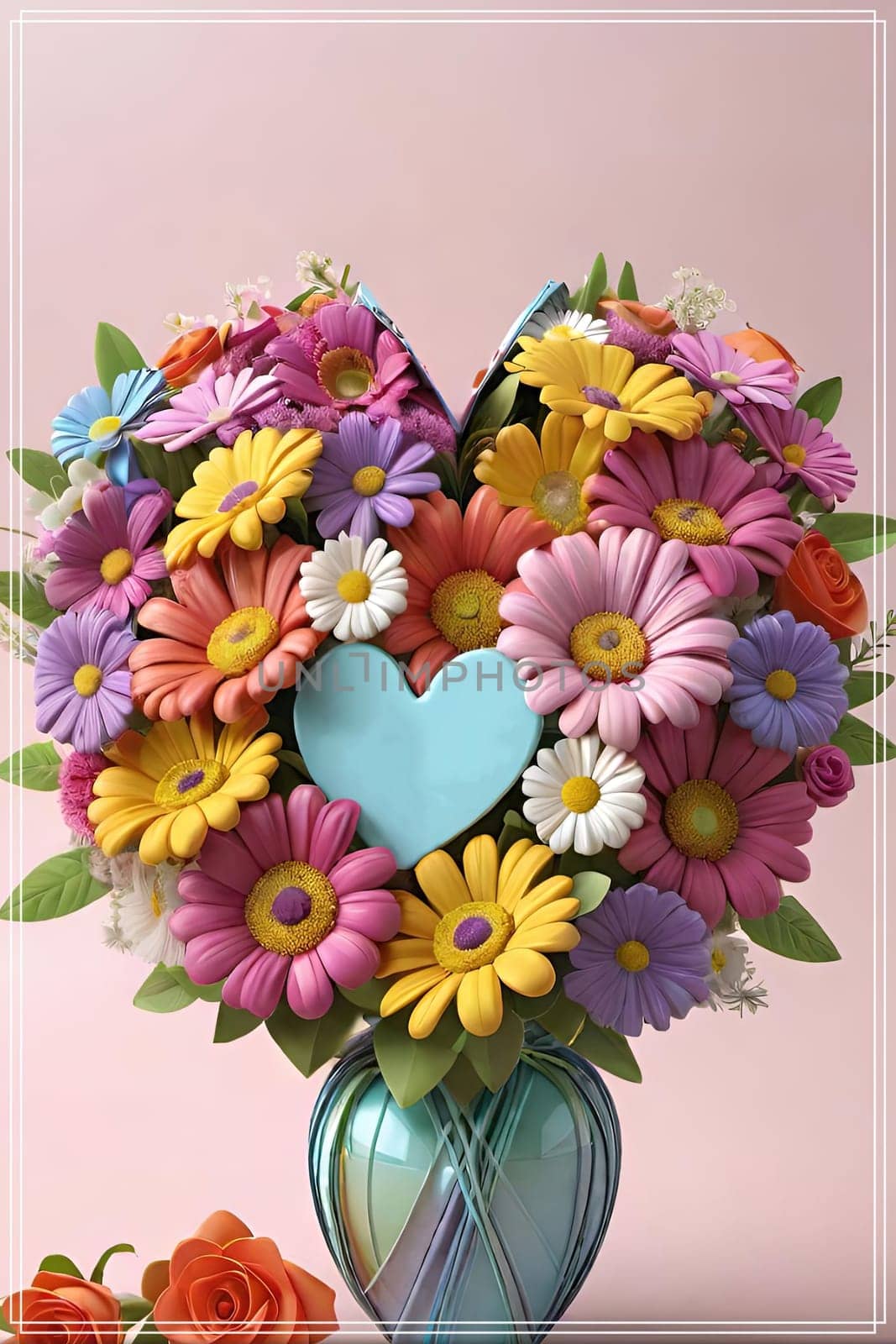 Colorful bouquet of flowers in a vase on background.Bouquet of colorful flowers in a vase with a heart.Bouquet of colorful flowers with a heart on a background.Bouquet of colorful flowers with heart shaped frame on background.Valentines day card.