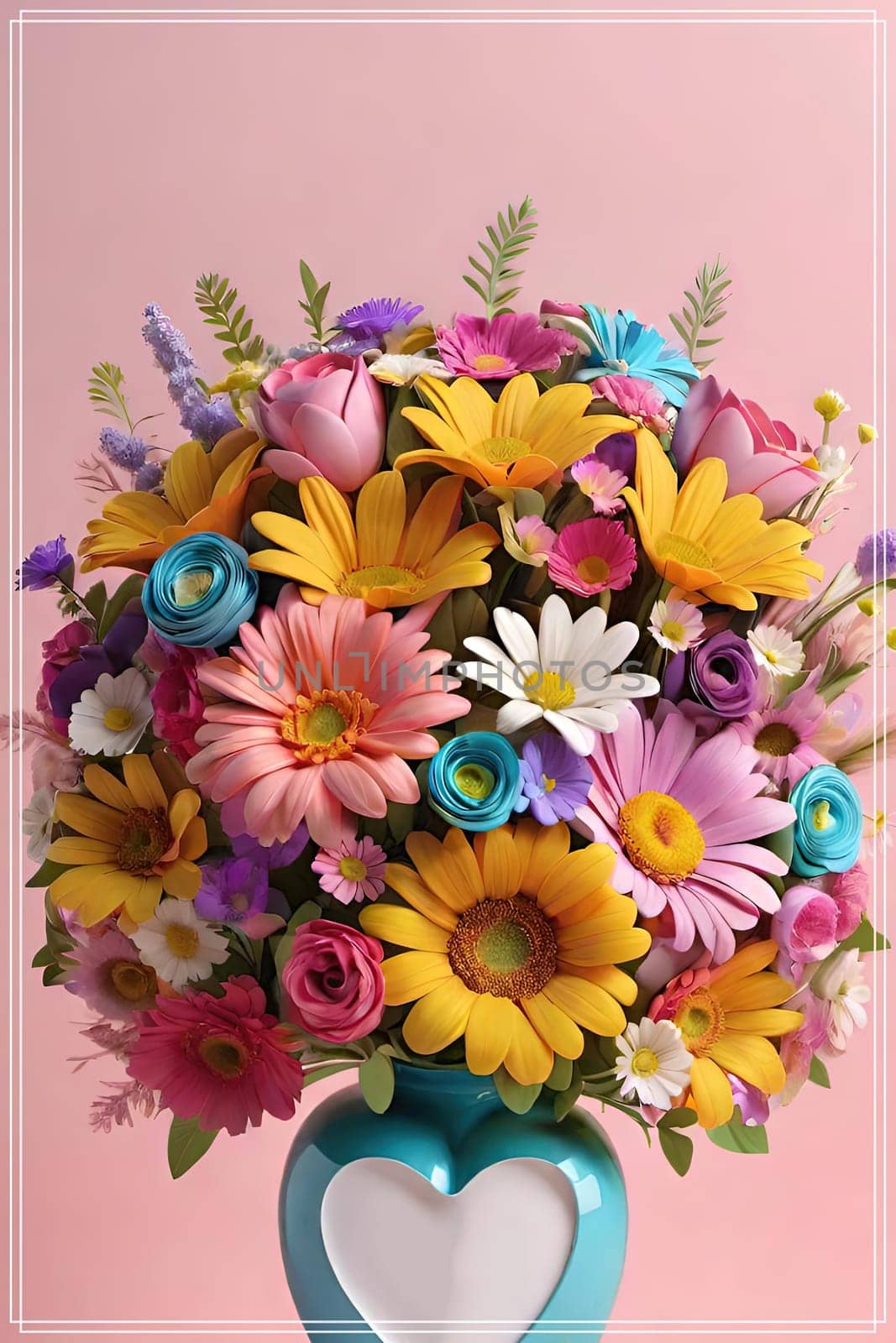 Colorful bouquet of flowers in a vase on background.Bouquet of colorful flowers in a vase with a heart.Bouquet of colorful flowers with a heart on a background.Bouquet of colorful flowers with heart shaped frame on background.Valentines day card.