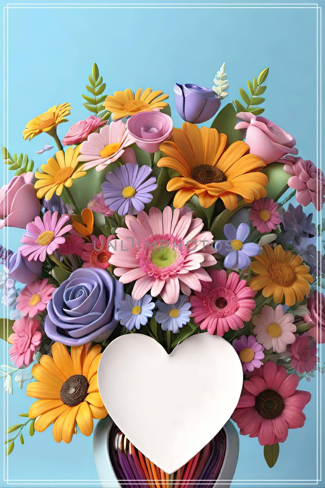 Colorful bouquet of flowers in a vase on background.Bouquet of colorful flowers in a vase with a heart.Bouquet of colorful flowers with a heart on a background.Bouquet of colorful flowers with heart shaped frame on background.Valentines day card.