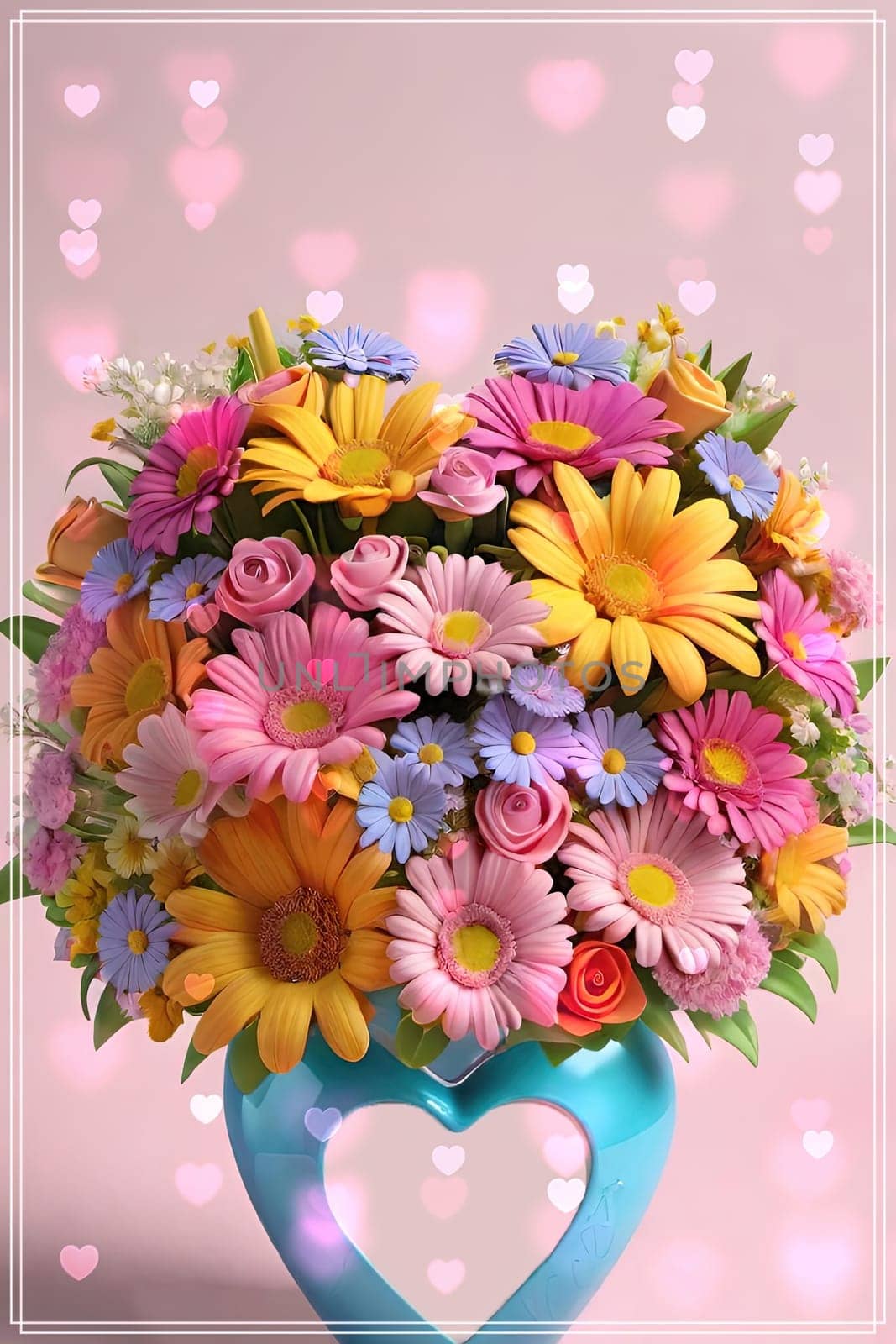 Colorful bouquet of flowers in a vase on background.Bouquet of colorful flowers in a vase with a heart.Bouquet of colorful flowers with a heart on a background.Bouquet of colorful flowers with heart shaped frame on background.Valentines day card.