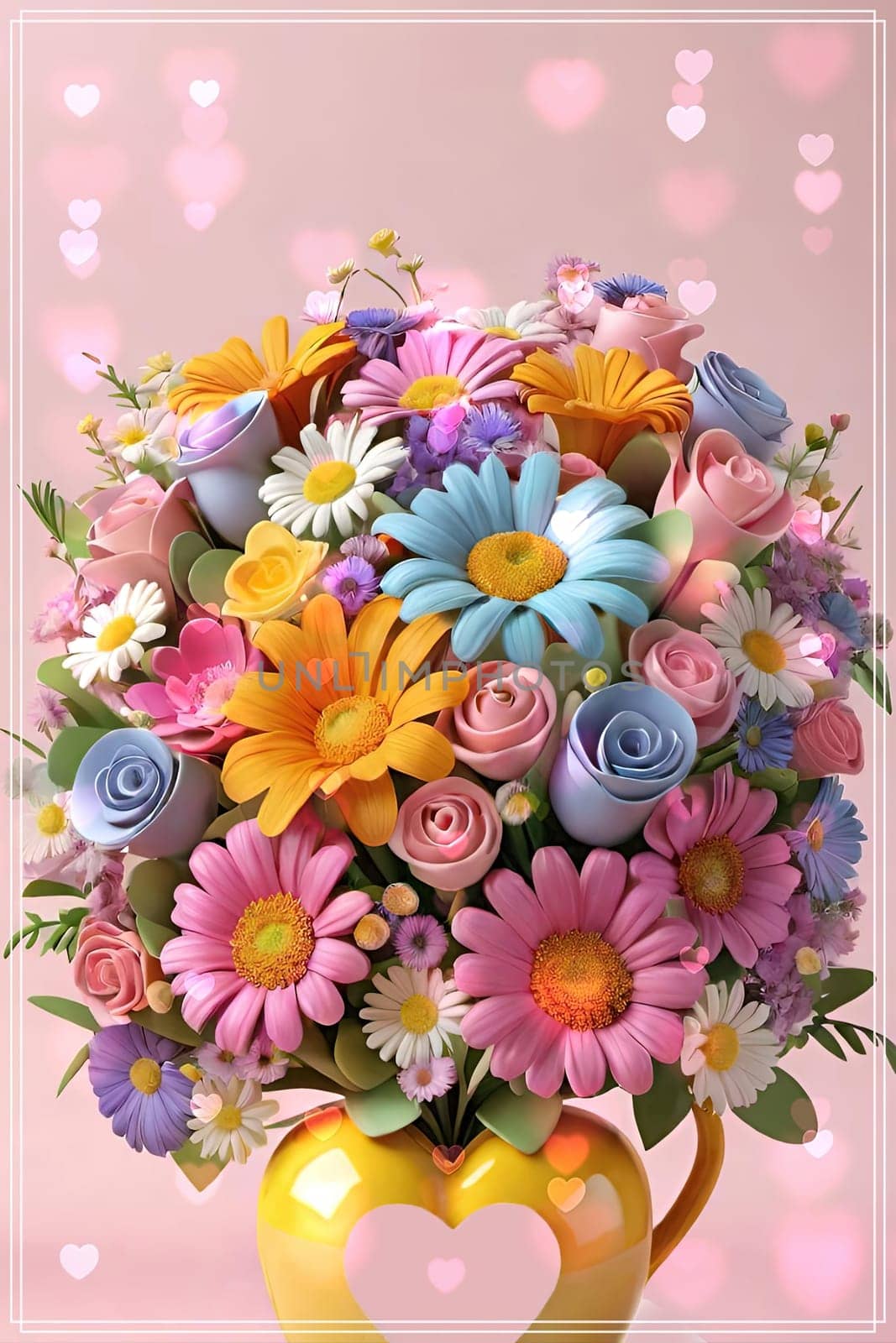 Colorful bouquet of flowers in a vase on background.Bouquet of colorful flowers in a vase with a heart.Bouquet of colorful flowers with a heart on a background.Bouquet of colorful flowers with heart shaped frame on background.Valentines day card.