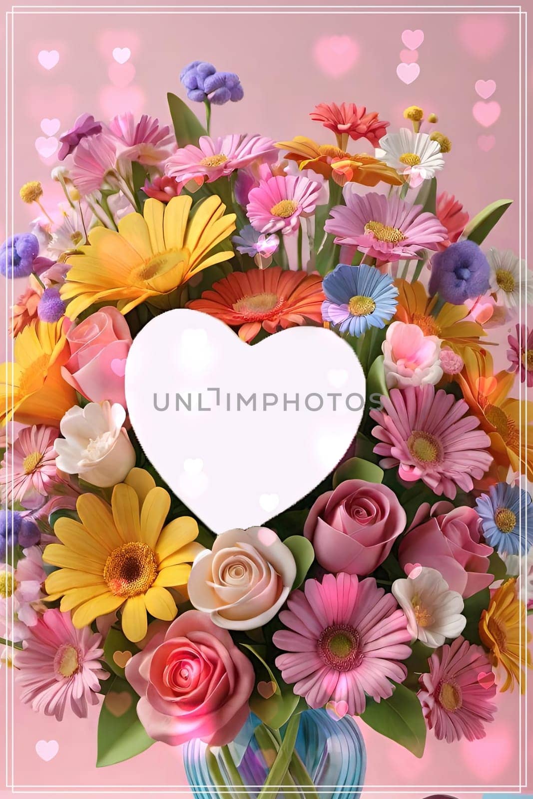 Colorful bouquet of flowers in a vase on background.Bouquet of colorful flowers in a vase with a heart.Bouquet of colorful flowers with a heart on a background.Bouquet of colorful flowers with heart shaped frame on background.Valentines day card.