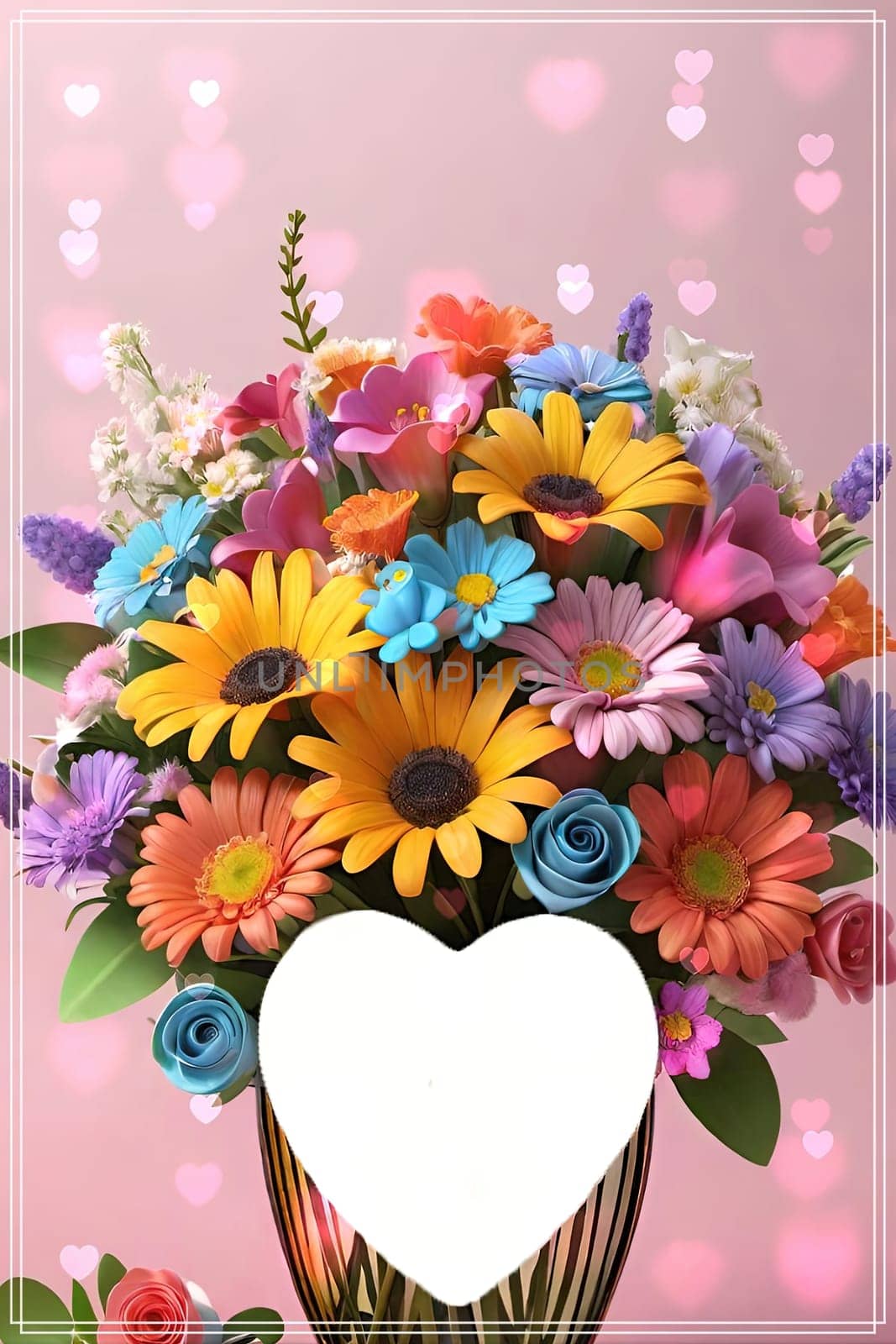 Colorful bouquet of flowers in a vase on background.Bouquet of colorful flowers in a vase with a heart.Bouquet of colorful flowers with a heart on a background.Bouquet of colorful flowers with heart shaped frame on background.Valentines day card.