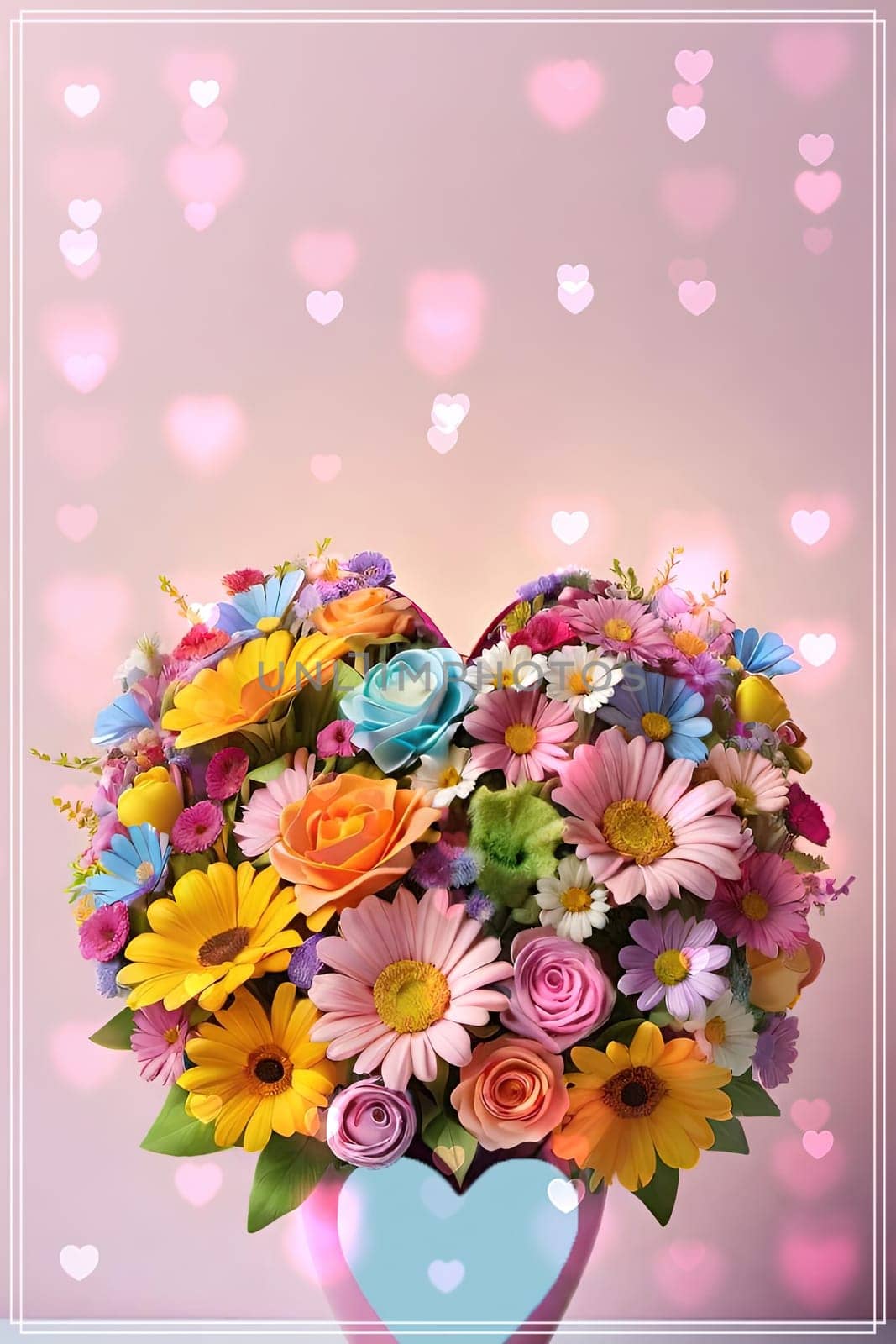 Colorful bouquet of flowers in a vase on background.Bouquet of colorful flowers in a vase with a heart.Bouquet of colorful flowers with a heart on a background.Bouquet of colorful flowers with heart shaped frame on background.Valentines day card.