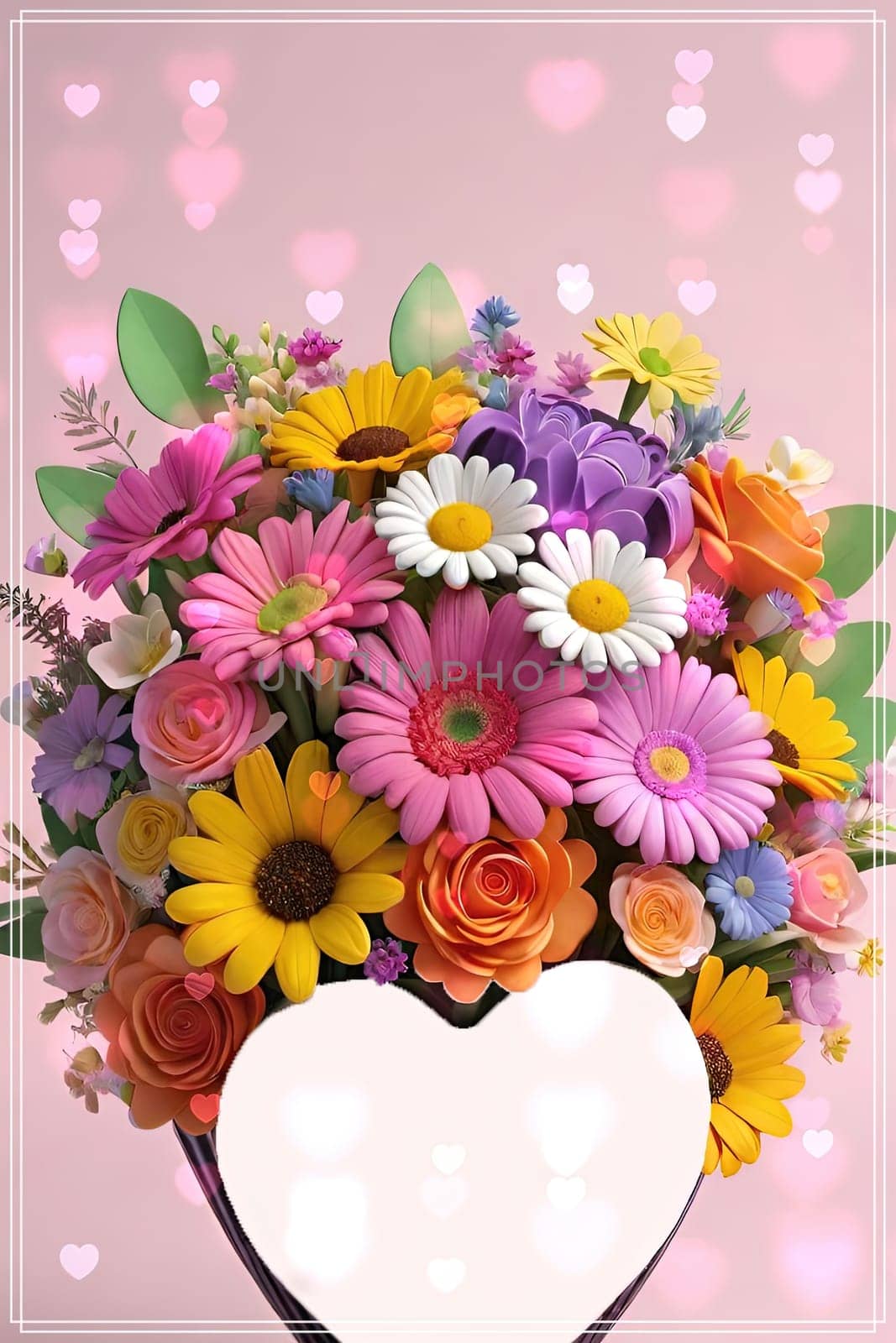 Colorful bouquet of flowers in a vase on background.Bouquet of colorful flowers in a vase with a heart.Bouquet of colorful flowers with a heart on a background.Bouquet of colorful flowers with heart shaped frame on background.Valentines day card.