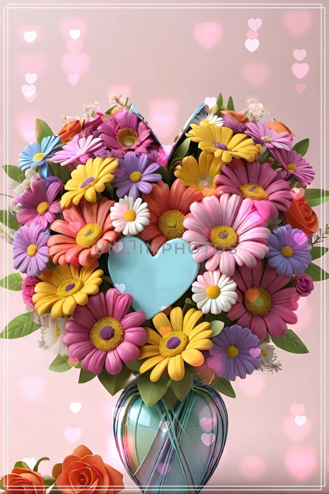 Colorful bouquet of flowers in a vase on background.Bouquet of colorful flowers in a vase with a heart.Bouquet of colorful flowers with a heart on a background.Bouquet of colorful flowers with heart shaped frame on background.Valentines day card.