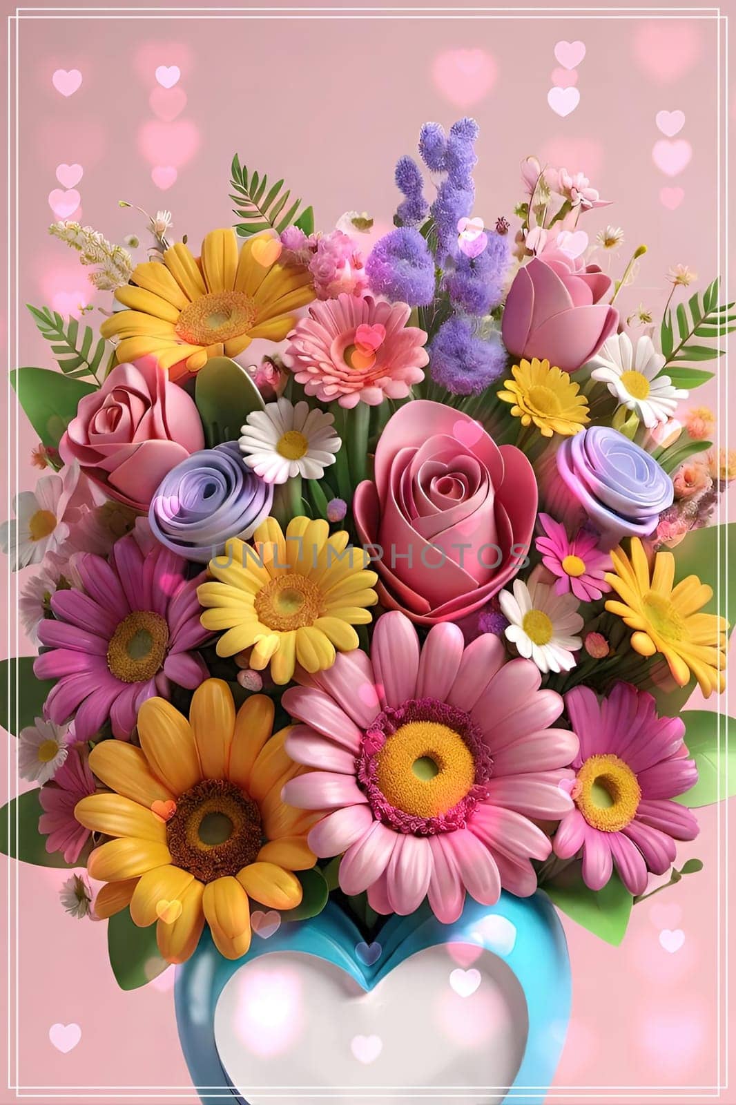 Colorful bouquet of flowers in a vase on background.Bouquet of colorful flowers in a vase with a heart.Bouquet of colorful flowers with a heart on a background.Bouquet of colorful flowers with heart shaped frame on background.Valentines day card.