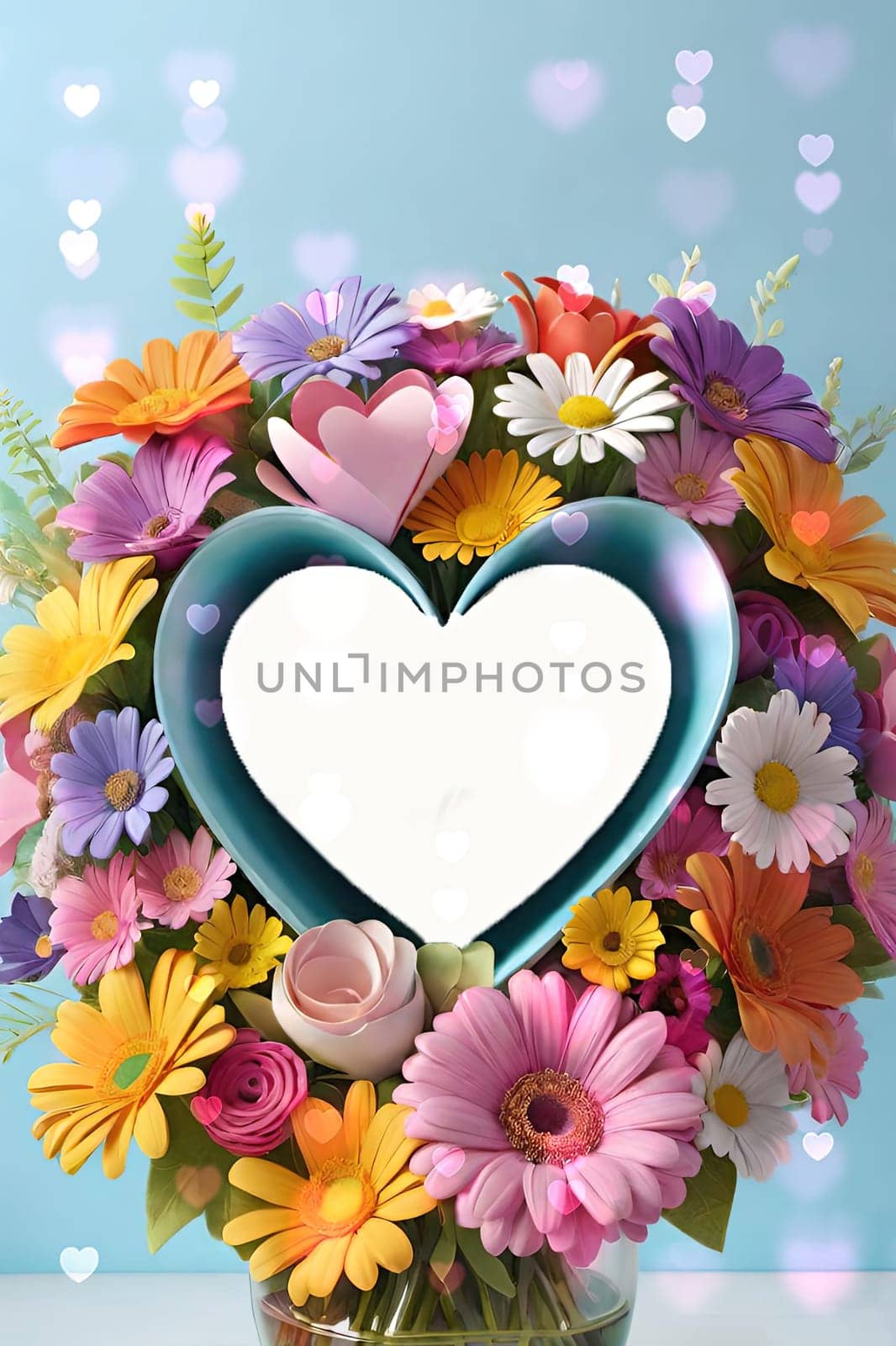 Colorful bouquet of flowers in a vase on background.Bouquet of colorful flowers in a vase with a heart.Bouquet of colorful flowers with a heart on a background.Bouquet of colorful flowers with heart shaped frame on background.Valentines day card.