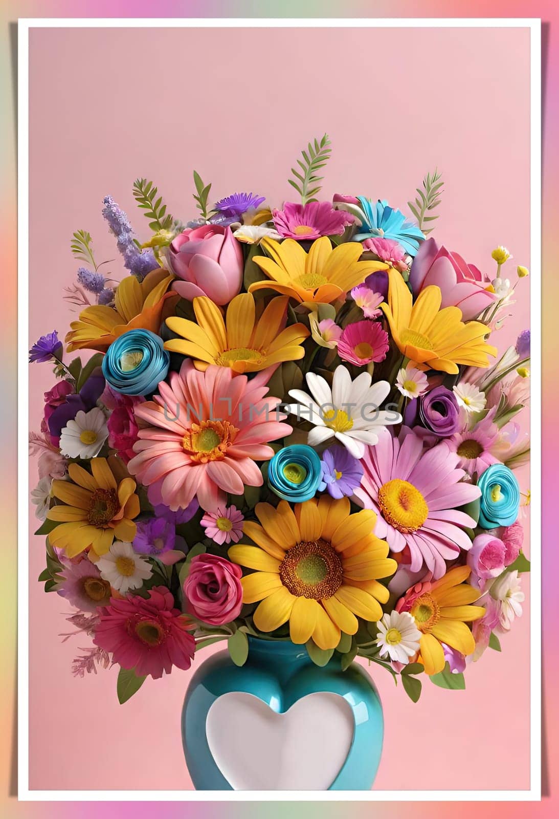 Colorful bouquet of flowers in a vase on background.Bouquet of colorful flowers in a vase with a heart.Bouquet of colorful flowers with a heart on a background.Bouquet of colorful flowers with heart shaped frame on background.Valentines day card.