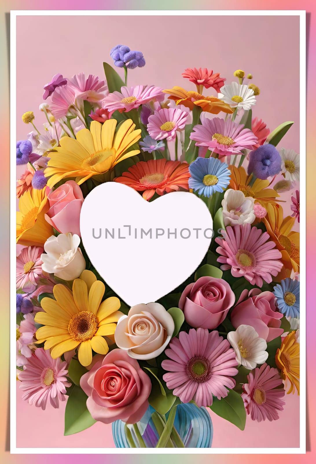 Colorful bouquet of flowers in a vase on background.Bouquet of colorful flowers in a vase with a heart.Bouquet of colorful flowers with a heart on a background.Bouquet of colorful flowers with heart shaped frame on background.Valentines day card.