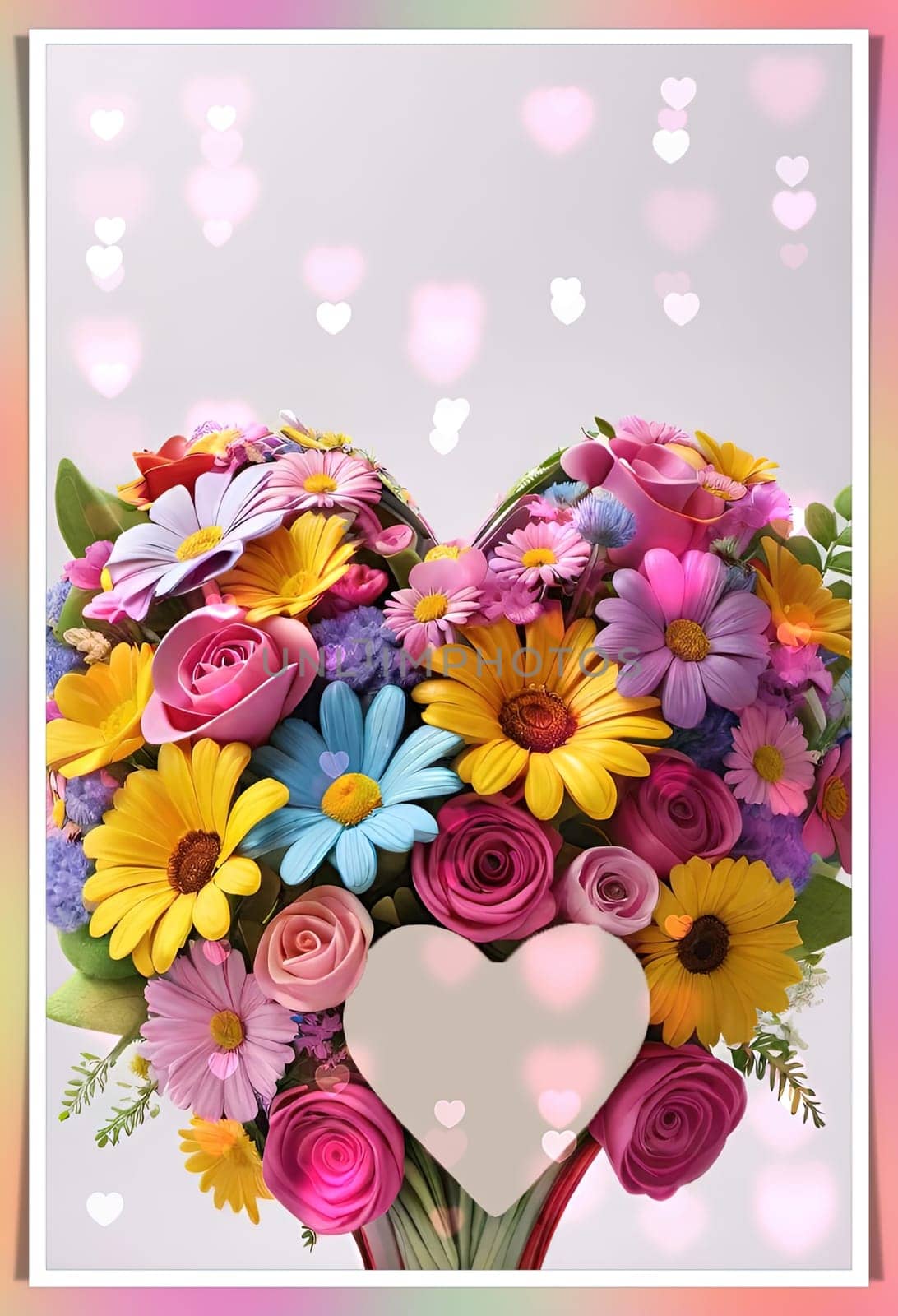 Colorful bouquet of flowers in a vase on background.Bouquet of colorful flowers in a vase with a heart.Bouquet of colorful flowers with a heart on a background.Bouquet of colorful flowers with heart shaped frame on background.Valentines day card.