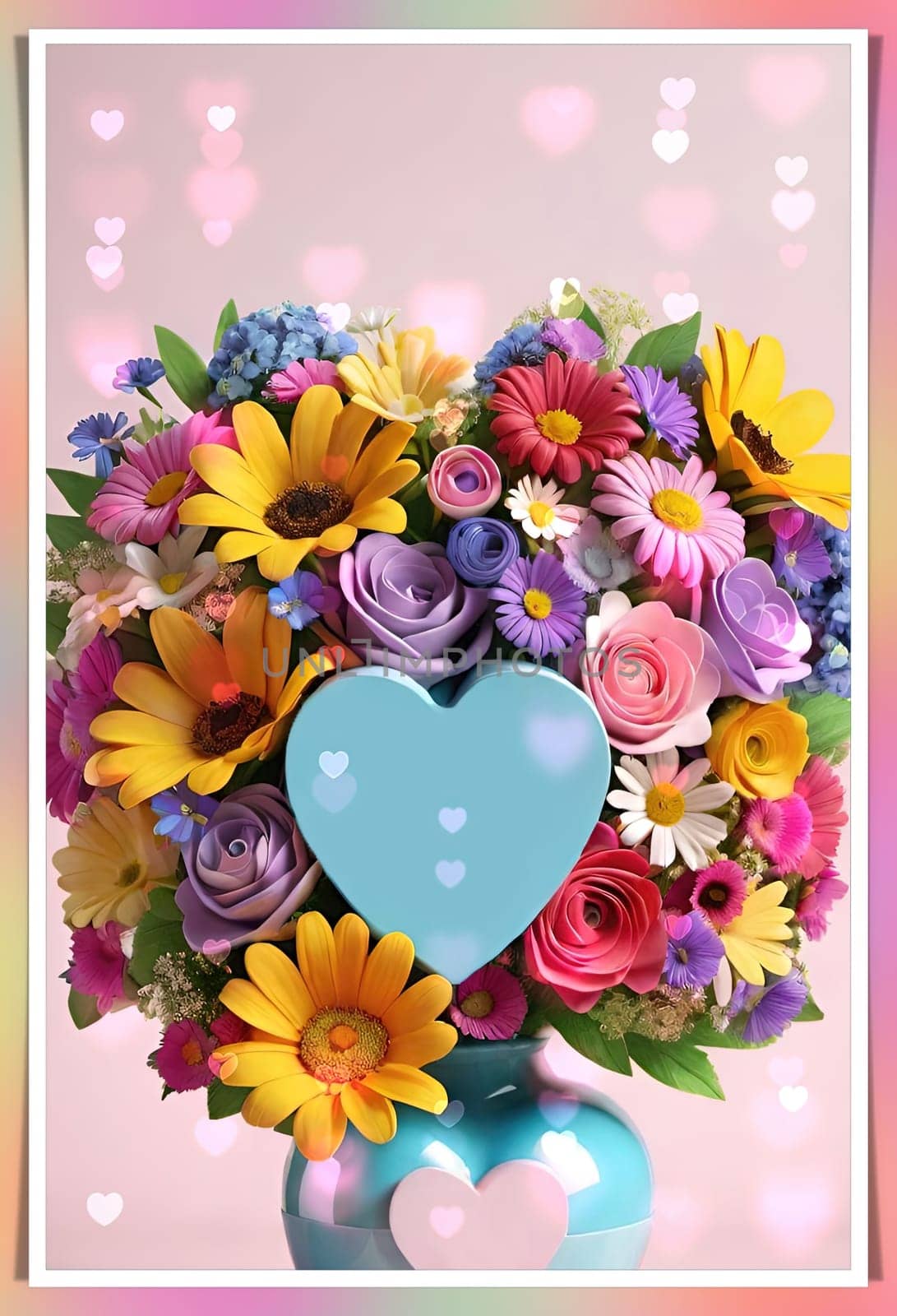 Bouquet of colorful flowers in a vase with a heart. by yilmazsavaskandag