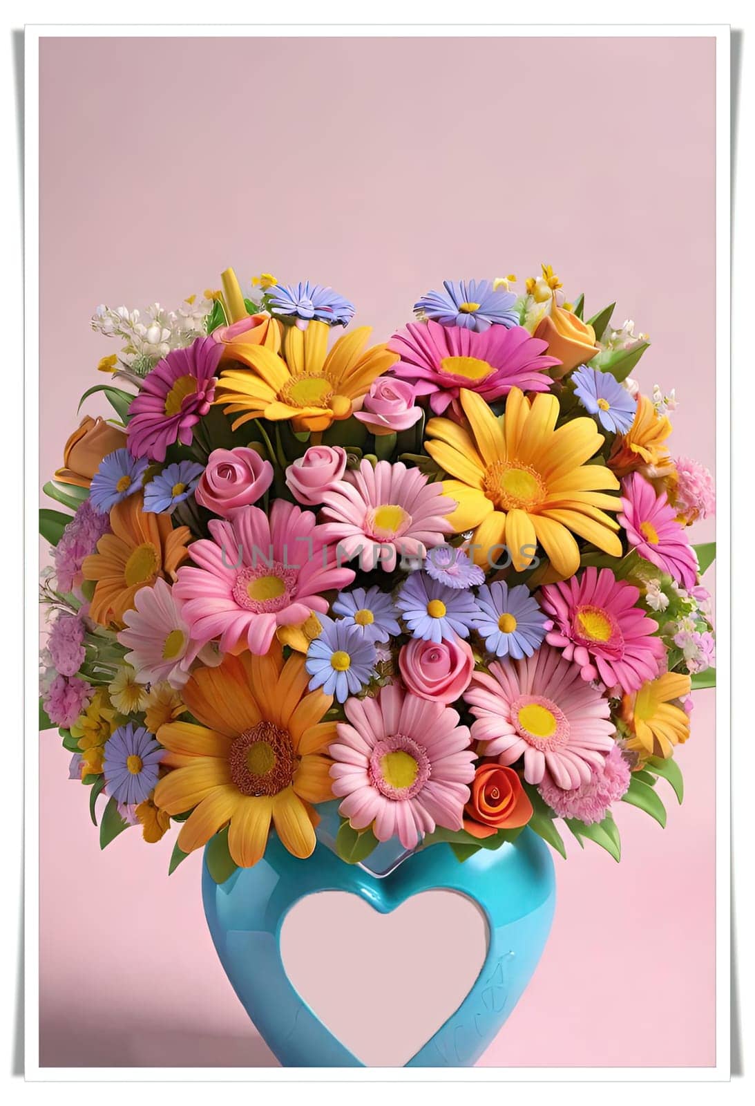 Colorful bouquet of flowers in a vase on background.Bouquet of colorful flowers in a vase with a heart.Bouquet of colorful flowers with a heart on a background.Bouquet of colorful flowers with heart shaped frame on background.Valentines day card.