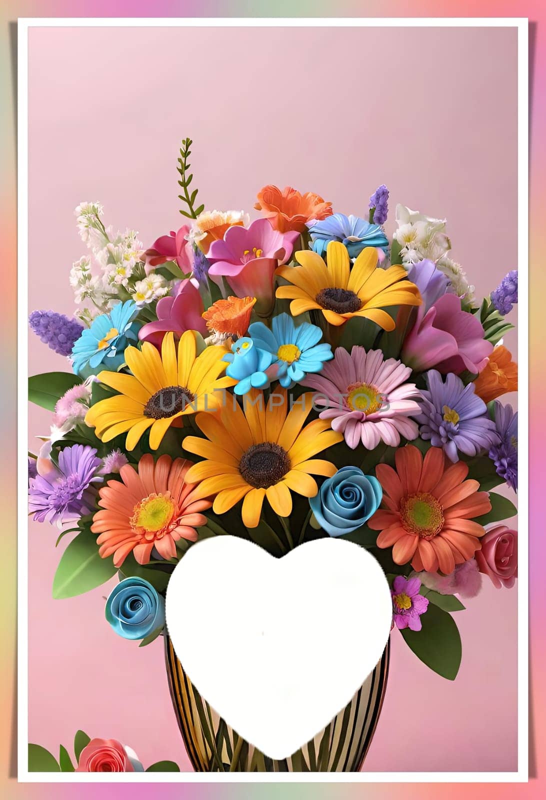 Colorful bouquet of flowers in a vase on background.Bouquet of colorful flowers in a vase with a heart.Bouquet of colorful flowers with a heart on a background.Bouquet of colorful flowers with heart shaped frame on background.Valentines day card.