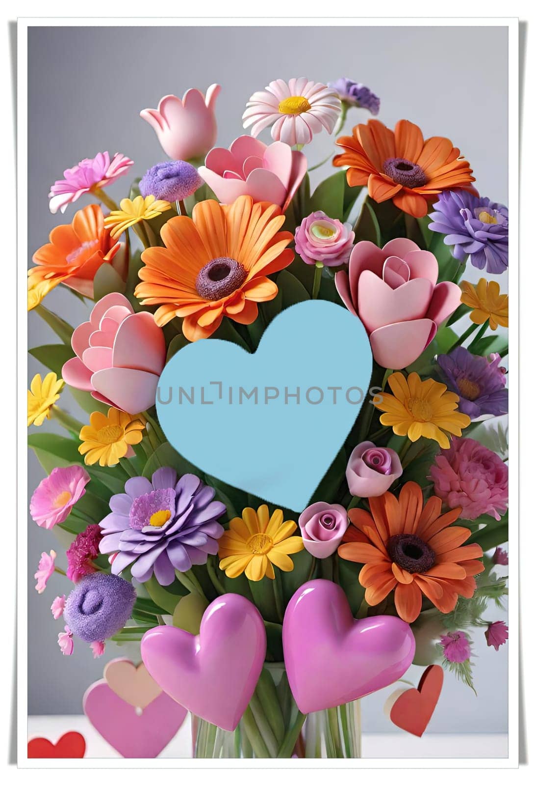 Colorful bouquet of flowers in a vase on background.Bouquet of colorful flowers in a vase with a heart.Bouquet of colorful flowers with a heart on a background.Bouquet of colorful flowers with heart shaped frame on background.Valentines day card.