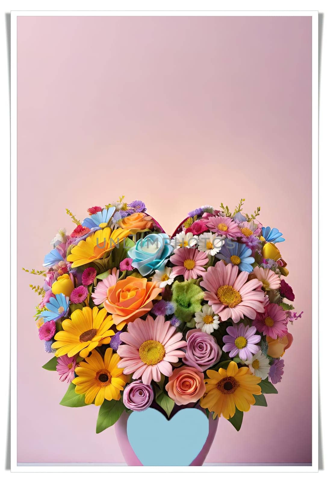 Colorful bouquet of flowers in a vase on background.Bouquet of colorful flowers in a vase with a heart.Bouquet of colorful flowers with a heart on a background.Bouquet of colorful flowers with heart shaped frame on background.Valentines day card.