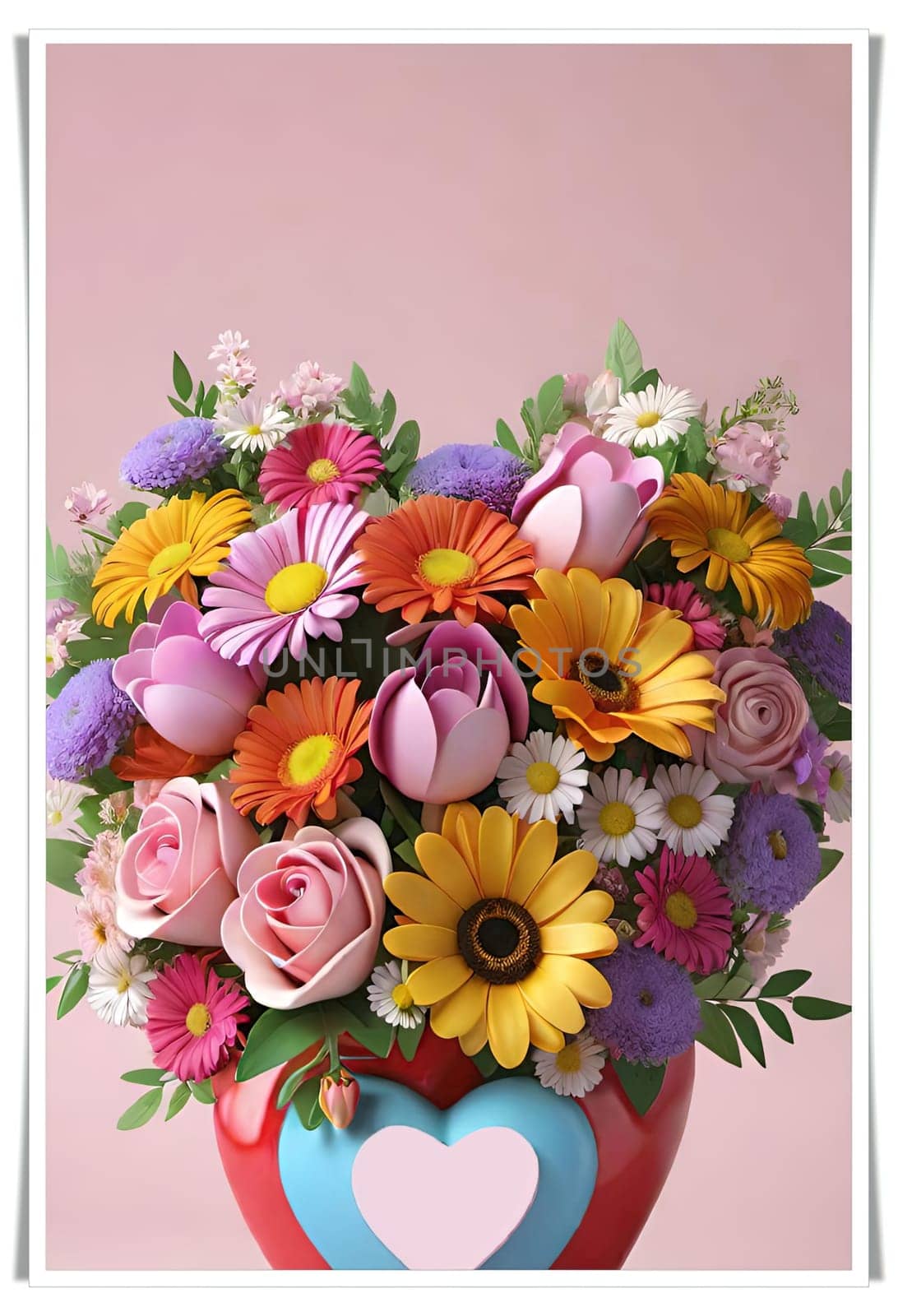 Colorful bouquet of flowers in a vase on background.Bouquet of colorful flowers in a vase with a heart.Bouquet of colorful flowers with a heart on a background.Bouquet of colorful flowers with heart shaped frame on background.Valentines day card.