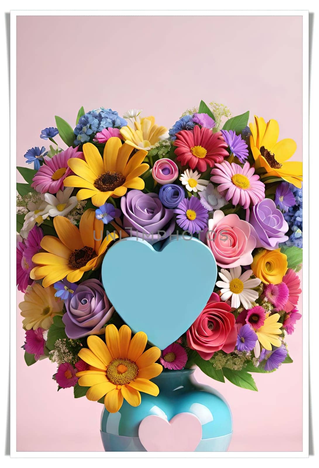 Colorful bouquet of flowers in a vase on background.Bouquet of colorful flowers in a vase with a heart.Bouquet of colorful flowers with a heart on a background.Bouquet of colorful flowers with heart shaped frame on background.Valentines day card.