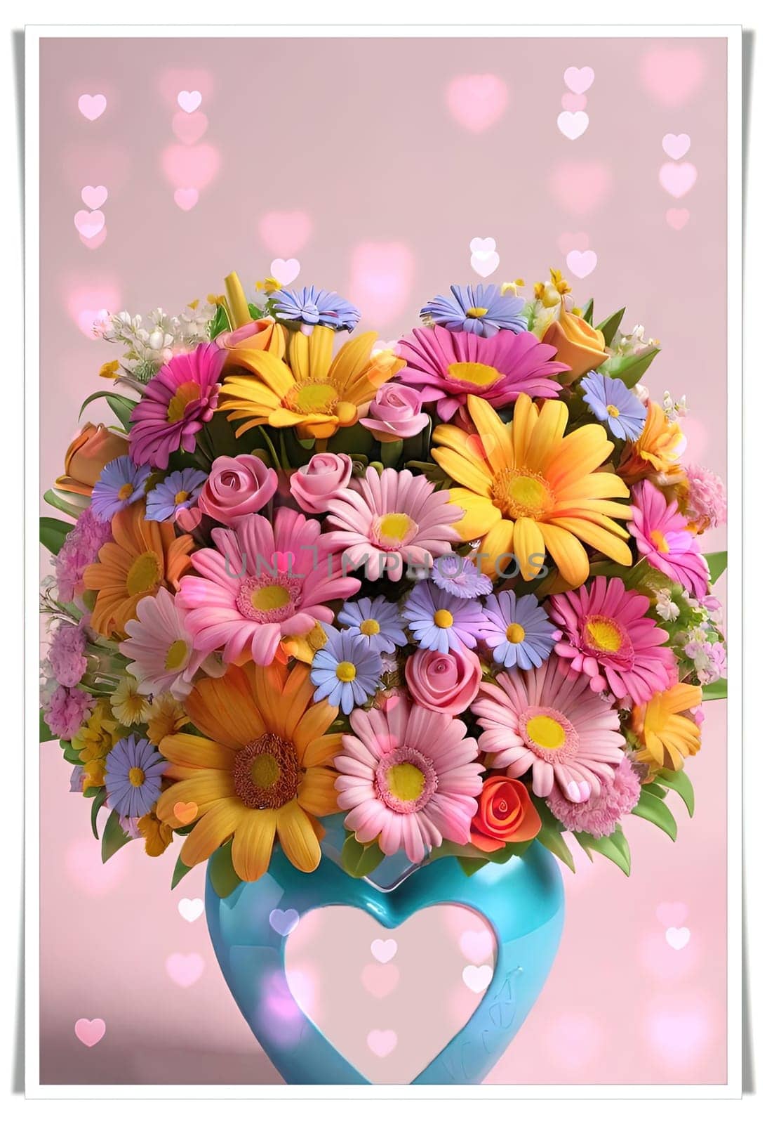 Bouquet of colorful flowers in a vase with a heart. by yilmazsavaskandag